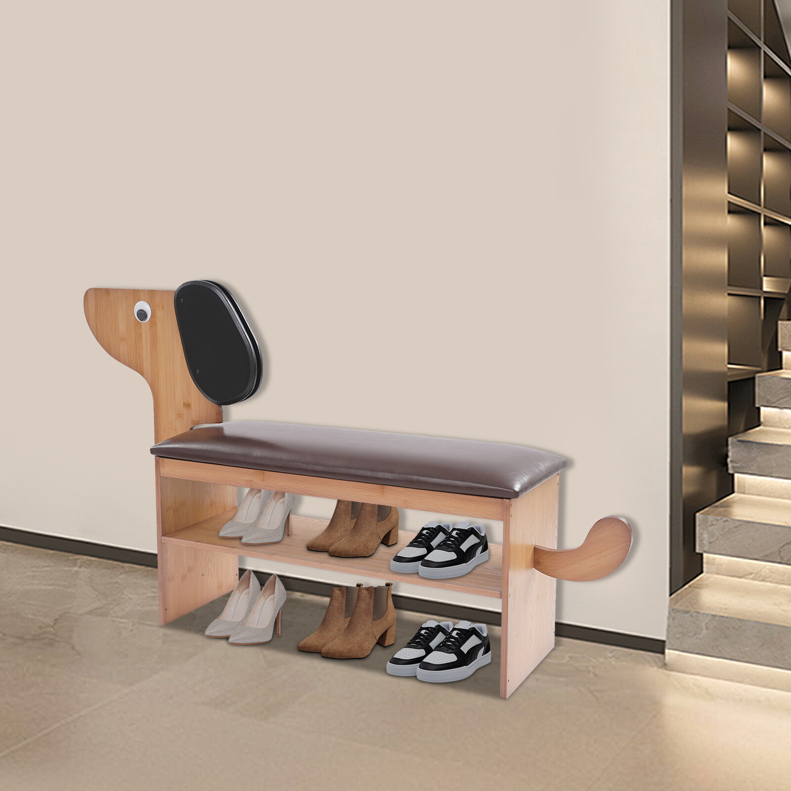 2 Tiers Cute Dog Shoe Bench  Shoes Rack Bench with Cushion for Entryway