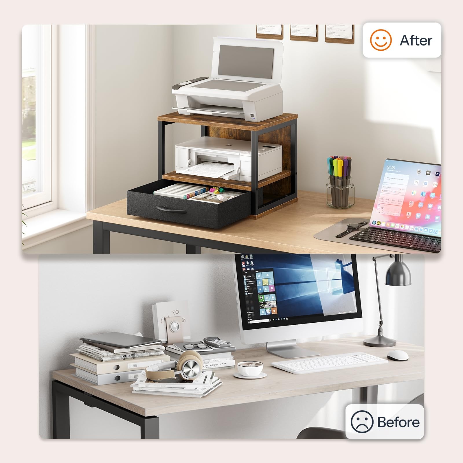 2-Tier Desktop Printer Stand with Drawer, Under-Desk Printer Table with Stora...
