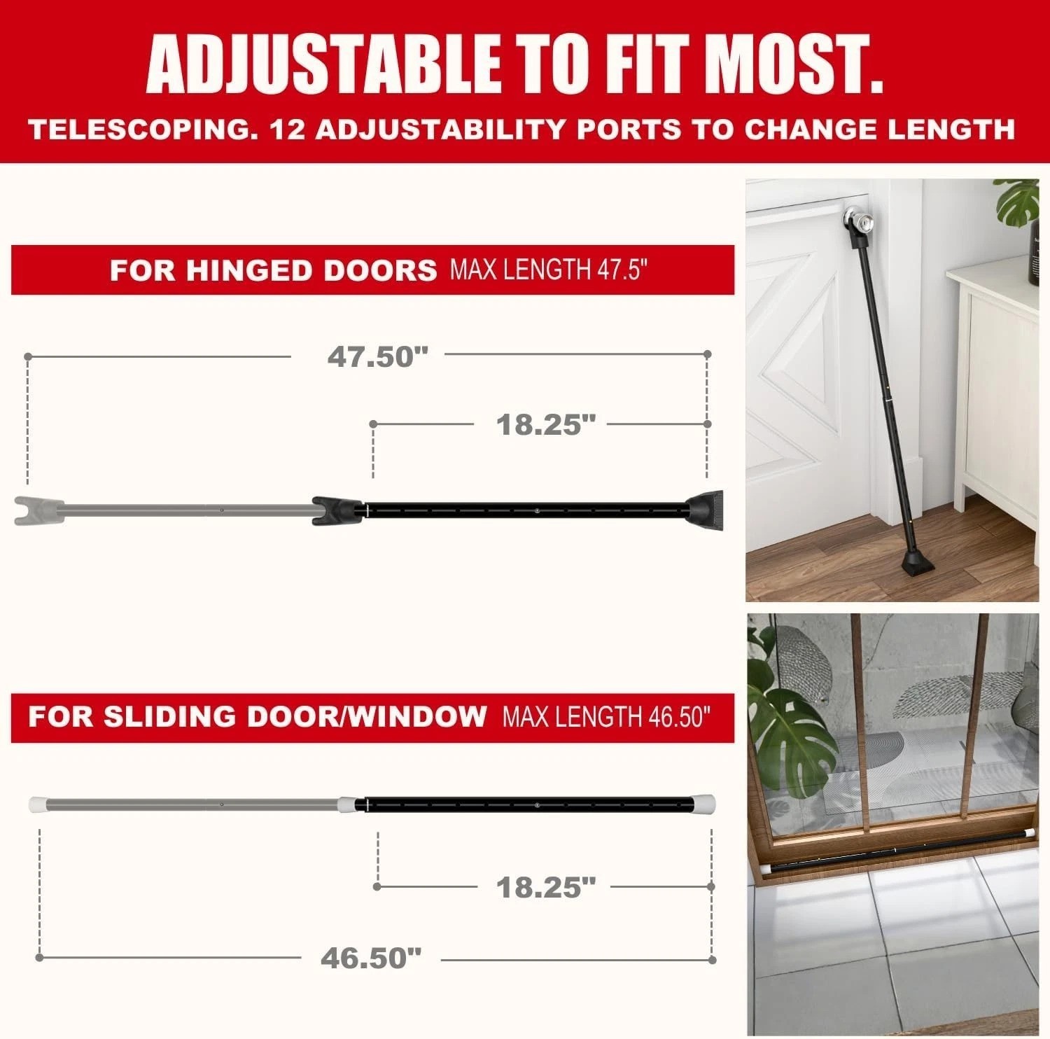 Versatile Iron Security Bar Set - Adjustable Door Stopper & Lock Bar - 2 Pack