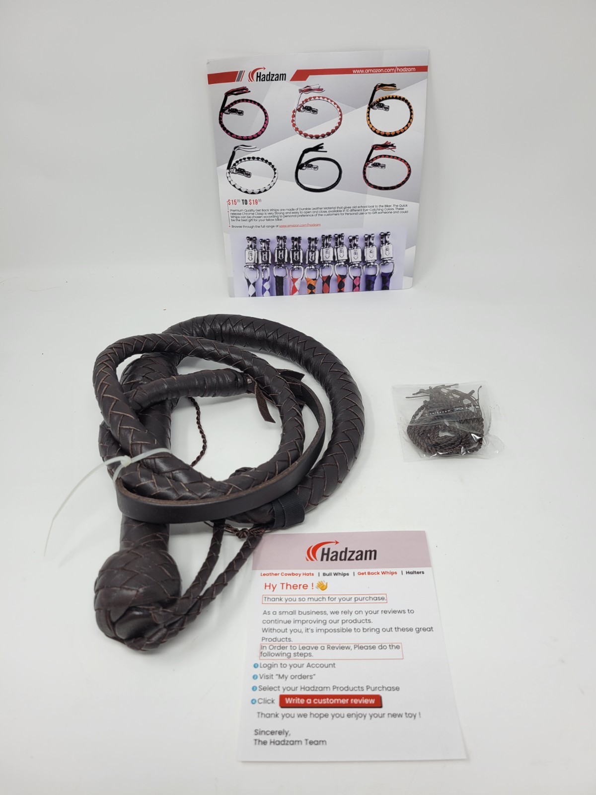 HADZAM 4' Brown Leather Bull Whip with Extra Tassels - Costume - Sound Effect