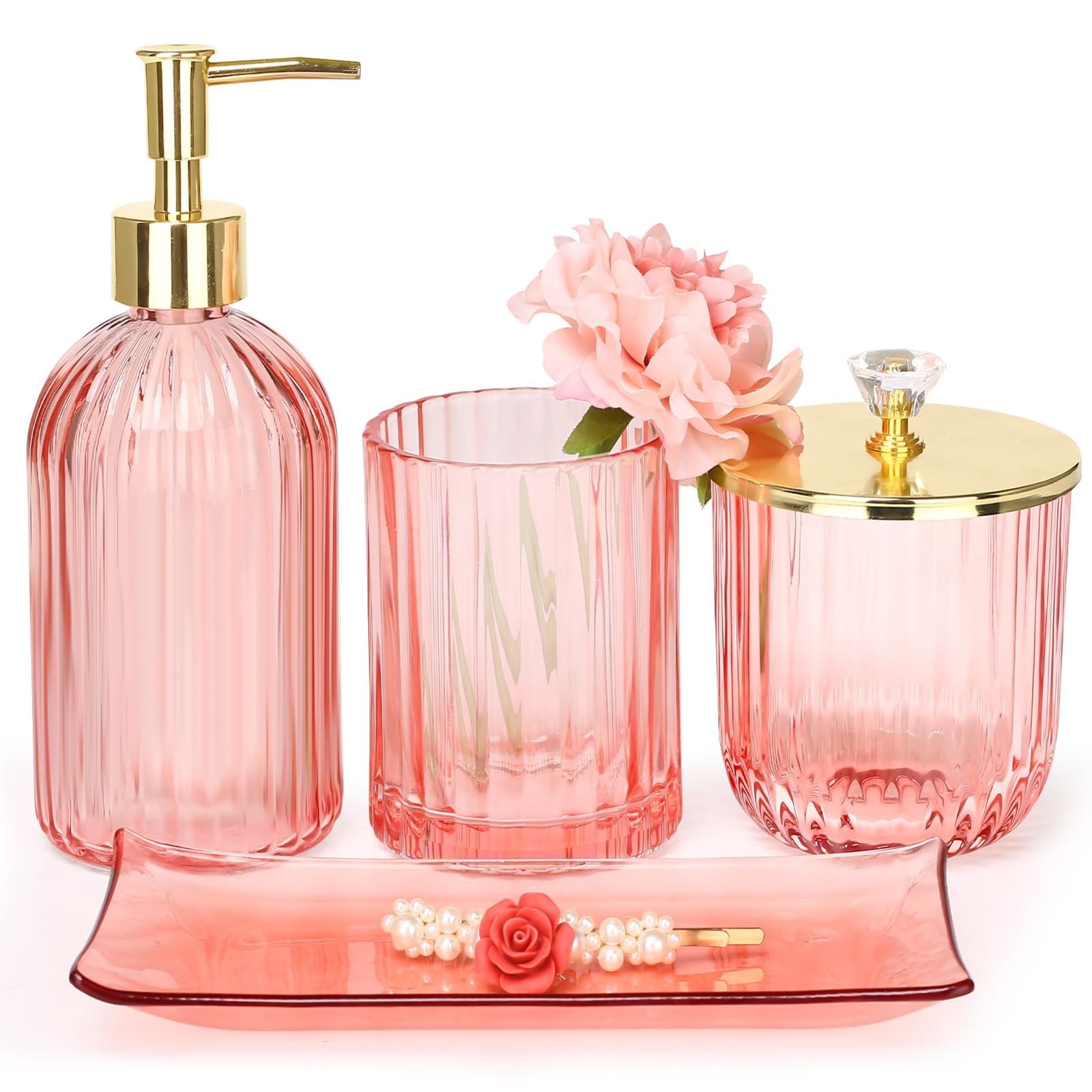 Bathroom Set, 4 Pcs Pink Glass Bathroom Sets Complete w/Lotion Soap Dispenser...
