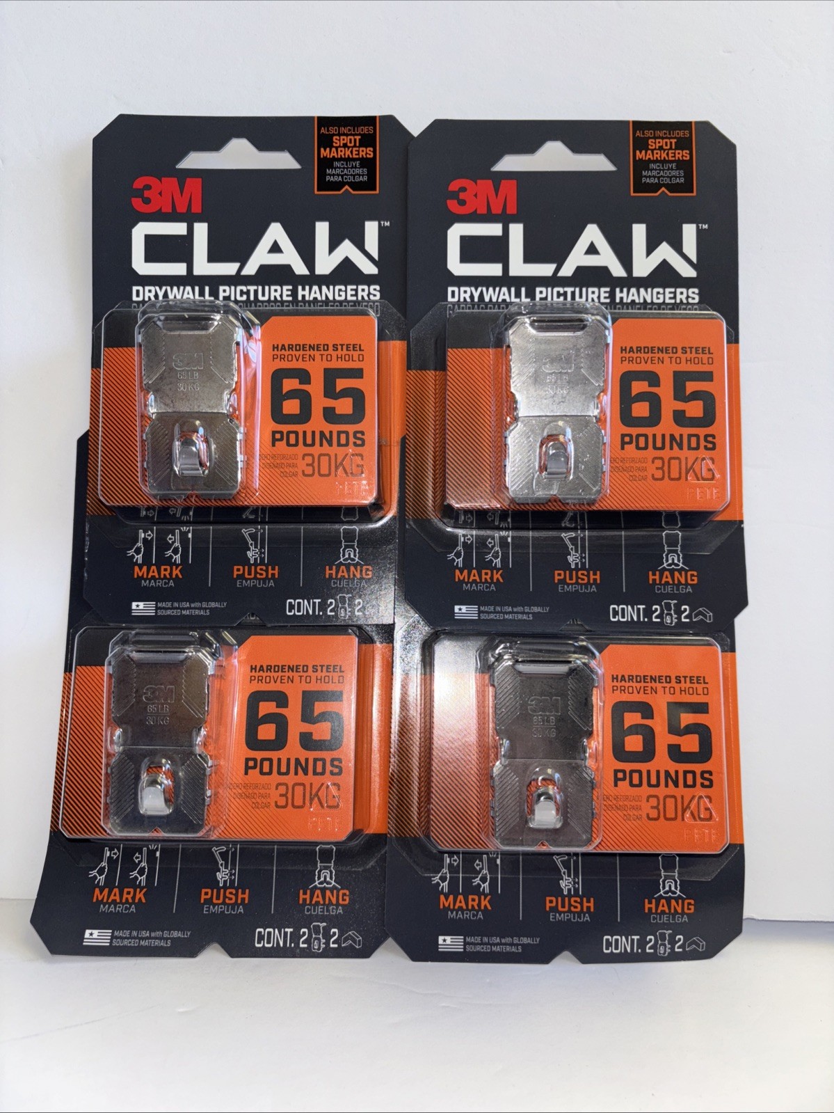 4x 3M CLAW Drywall Picture Hangers, 2 Ea Pack - 65 LB Hardened Steel