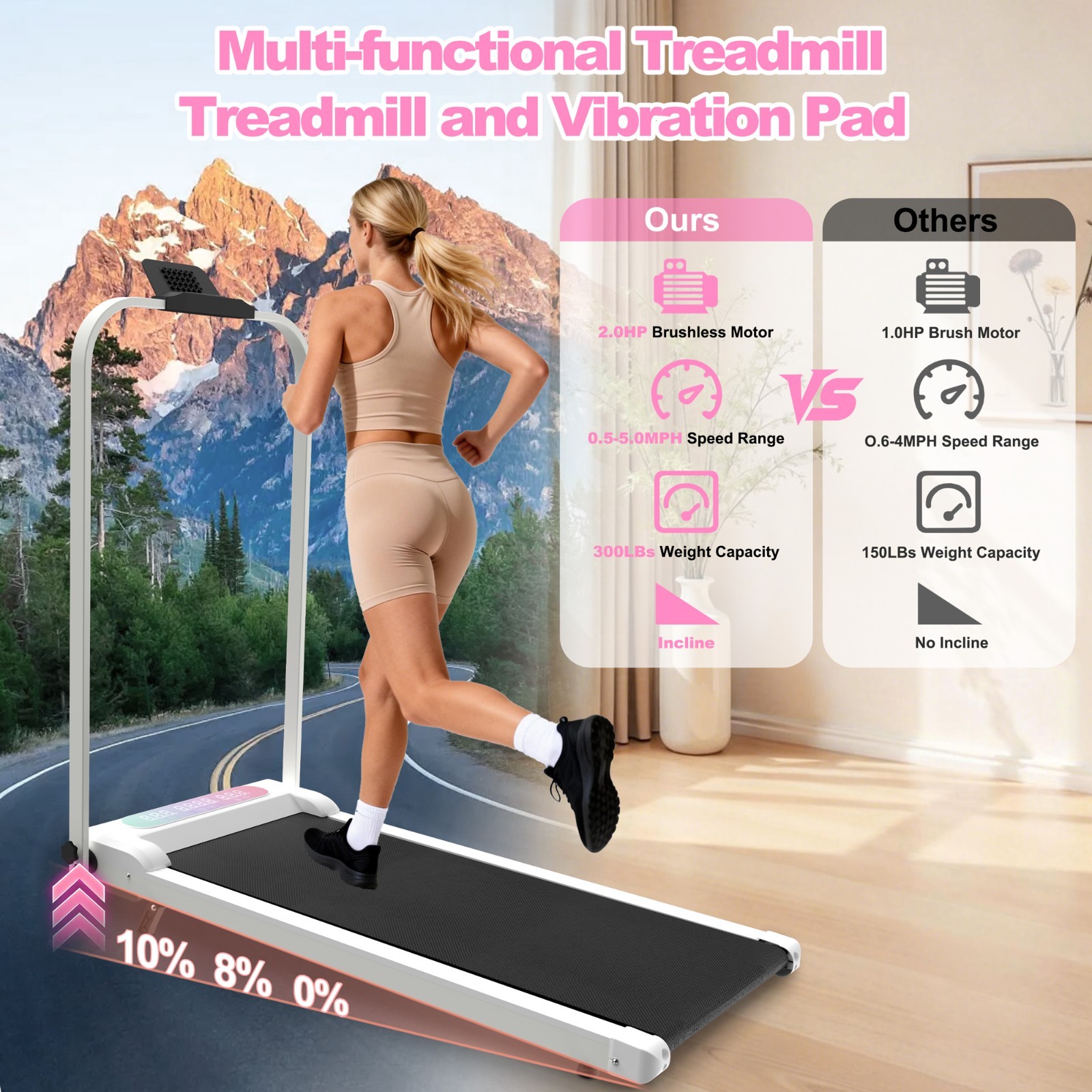 2 in 1 Foldable Treadmill Incline Handle Bar Walking Pad Vibration Pad Remote