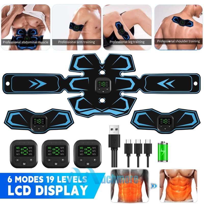 EMS Stimulator Abdominal Muscle Core Trainer Binder Gym Belt 6 Modes 19 Levels