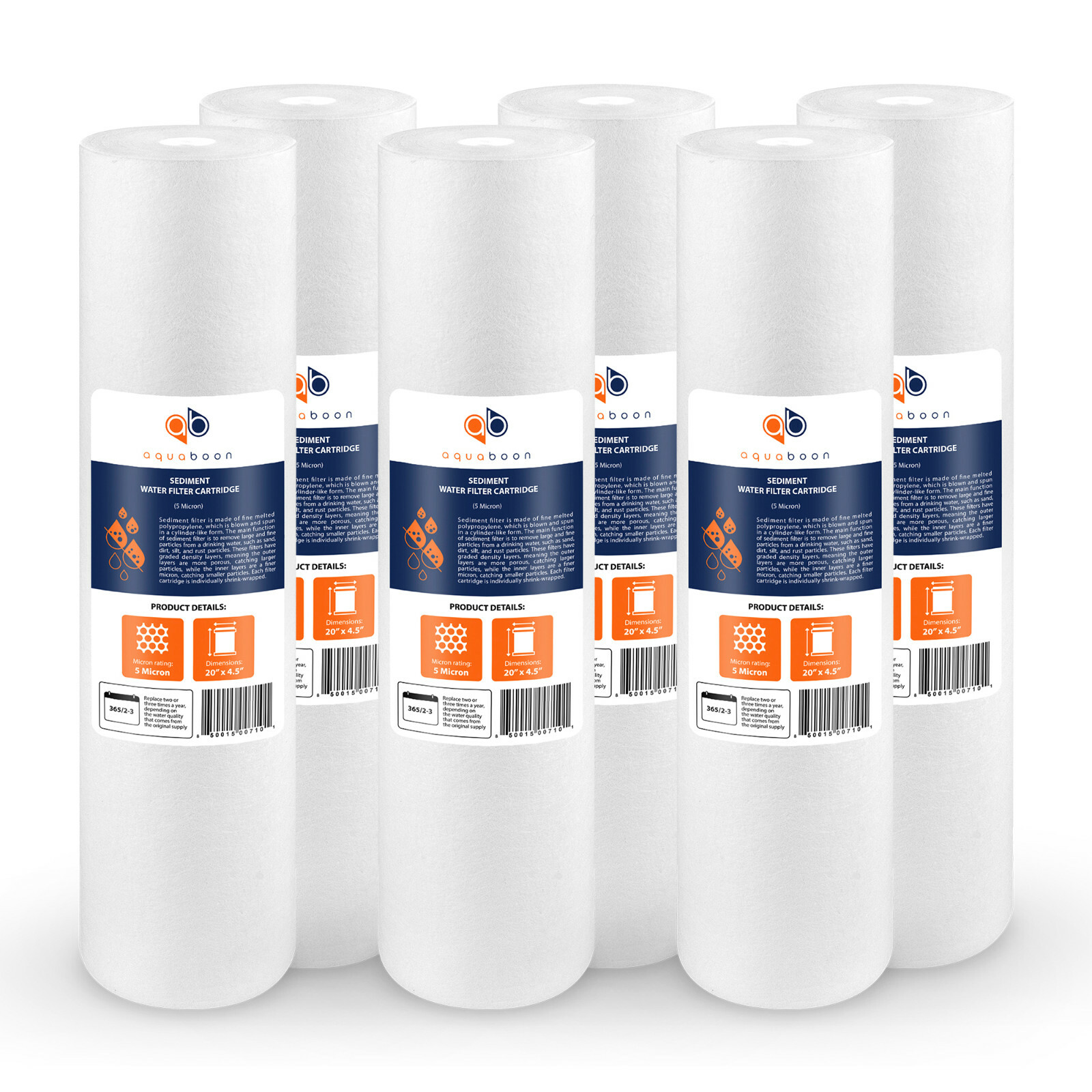 6PK of Big Blue 5 Micron 20" x 4.5" Sediment Water Filter Cartridge by Aquaboon