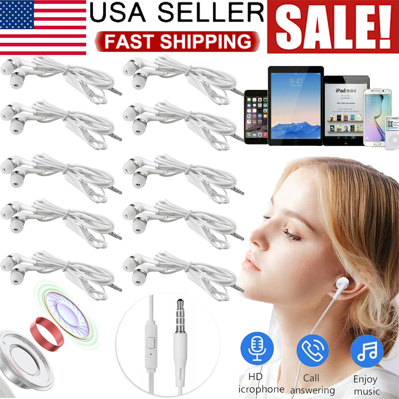 10PACK In-ear Headset 3.5mm Headphones Wired Earphone Earbuds W/ Mic For Samsung