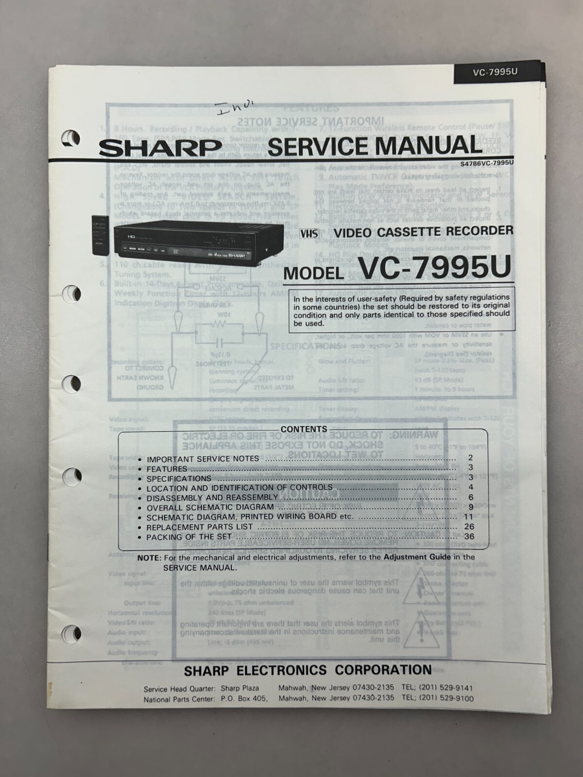 Sharp VC-7995U Original Service Manual Free Shipping