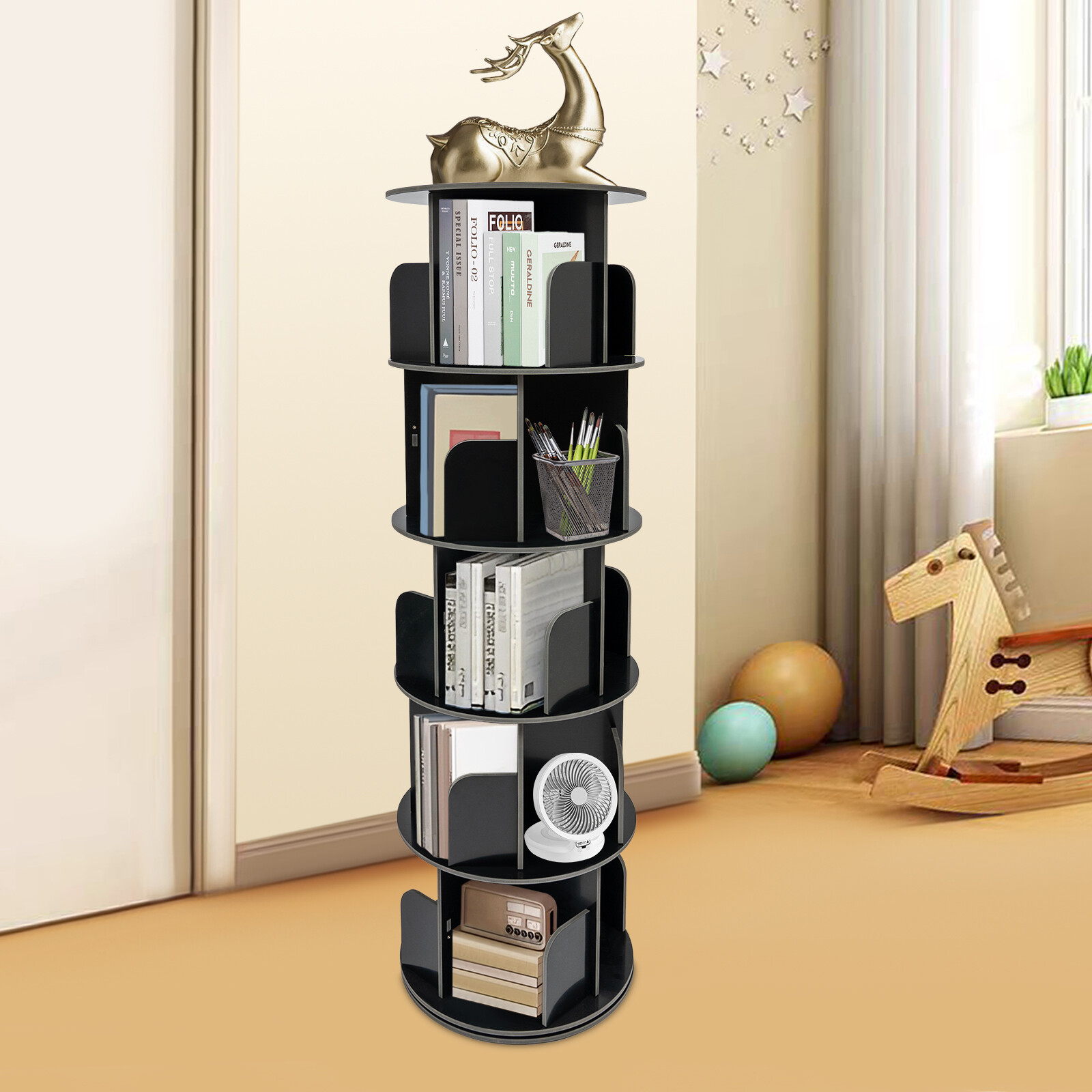 360° Rotating Bookshelf 5-Tier Bookcase Storage Shelf /Freestanding Display Rack