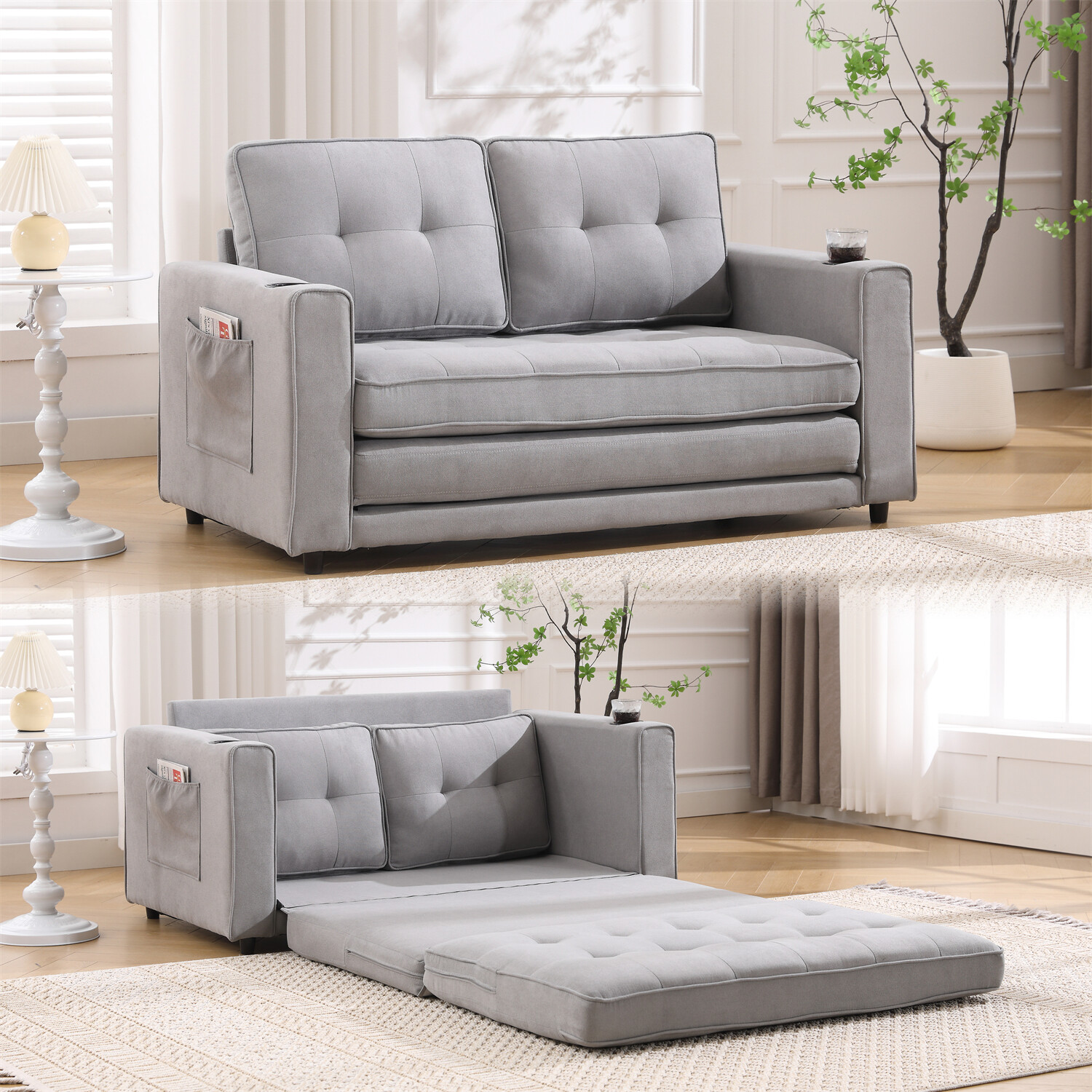 Convertible Sofa Bed Loveseat Futon Sofa Couch w/ Pull-Out Bed Light Gray
