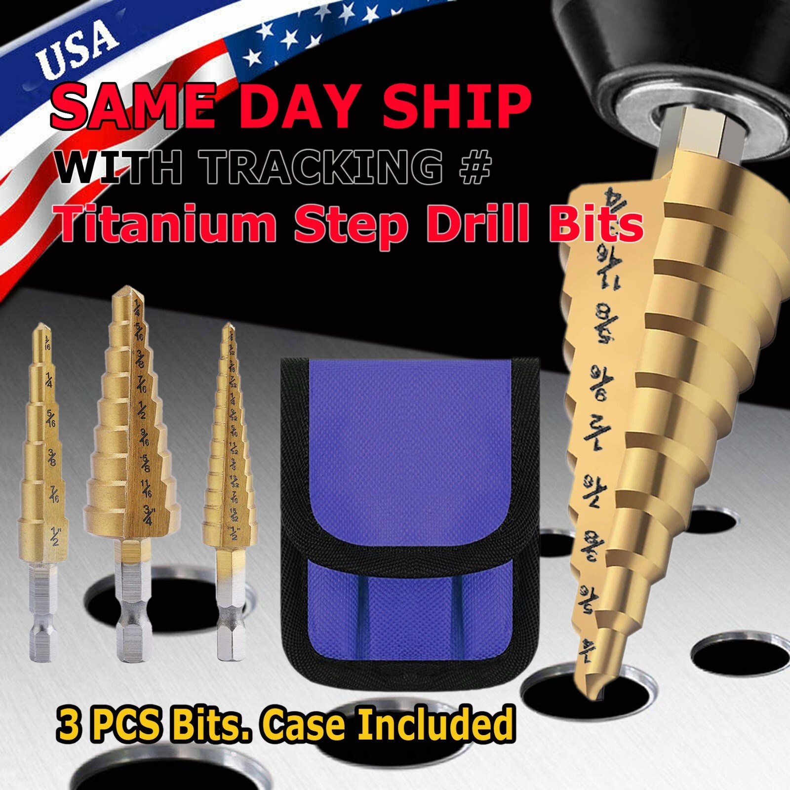3Pcs Drill Bit Set Titanium Nitride Coated Steel Step Quick Change 1/4 Shank HSS