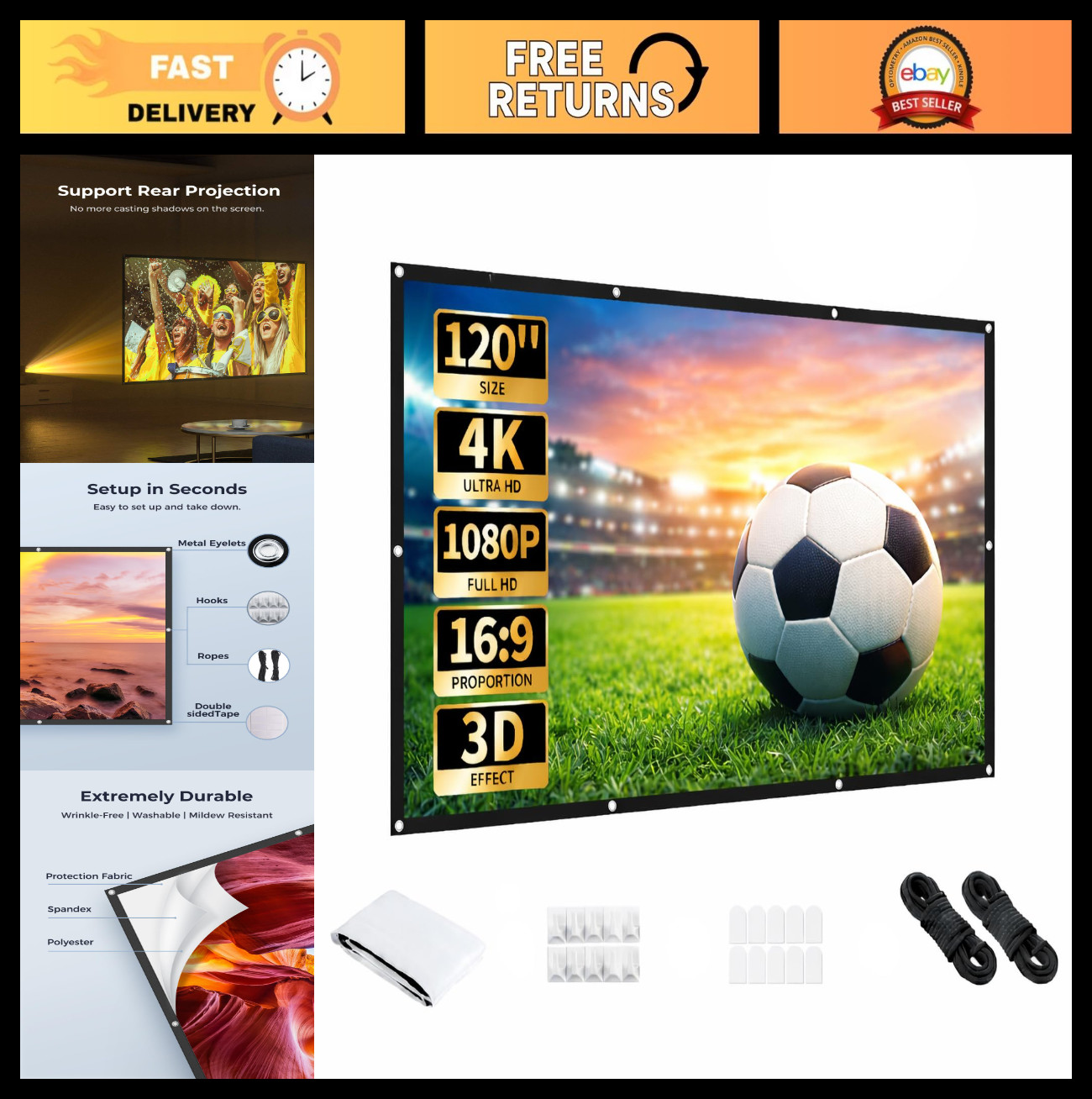 120" 4K HD Projector Screen, Foldable Anti-Crease, Portable Double-Sided for Hom