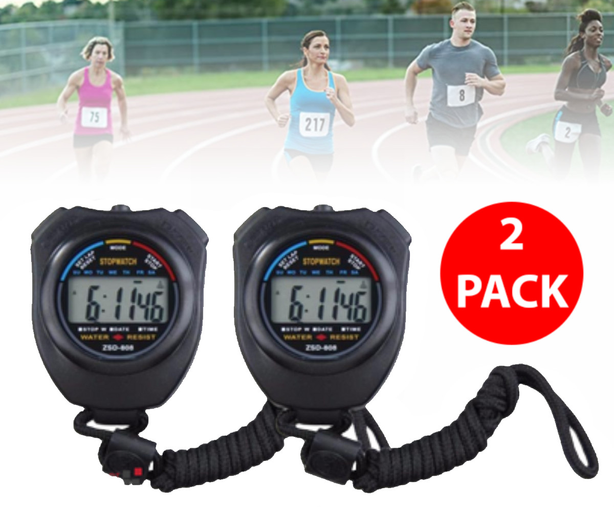 Digital Stopwatch Sports Counter Chronograph Date Timer Odometer Lanyard 2-Pack