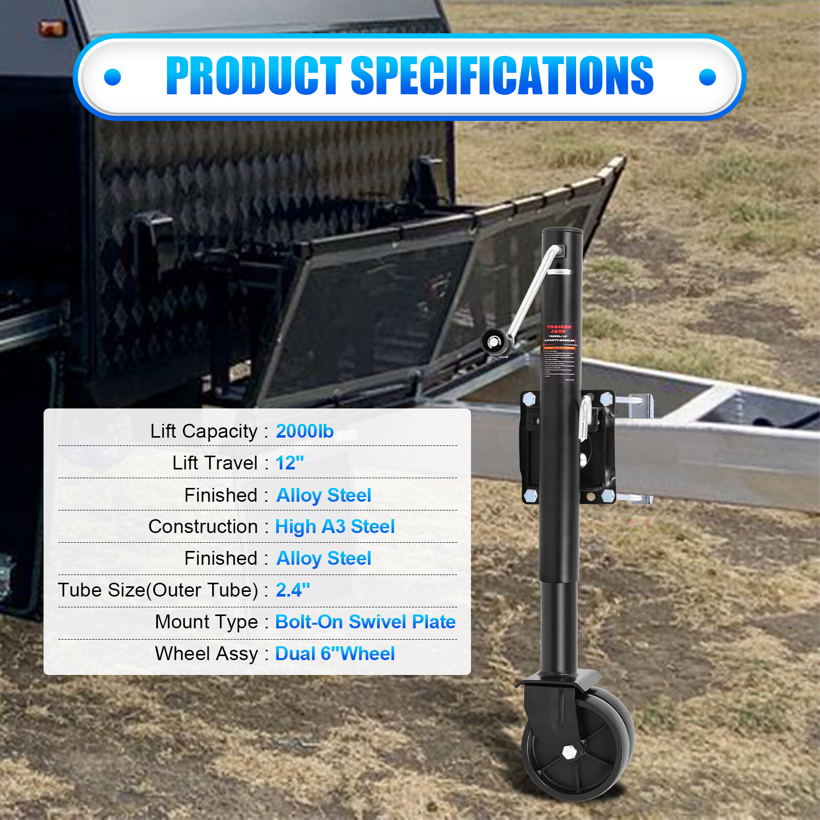 Swivel Bolt on Boat Trailer Jack Stand Dual Wheel 2000 lbs 12"Lift RV Utility