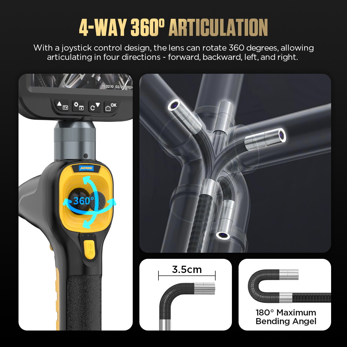 Four-Way 360° Industrial Endoscope Inspection Camera Articulating Borescope 4.3"