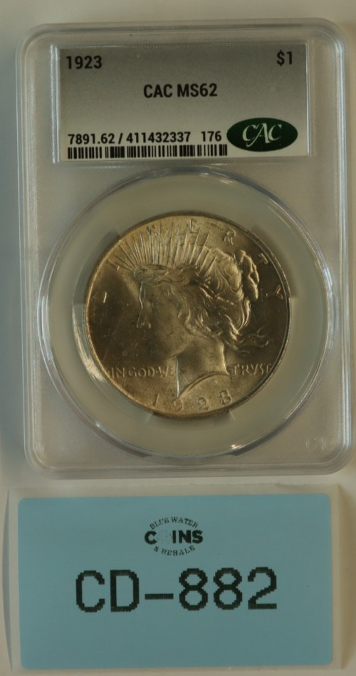 1923 $1 Silver Peace Dollar CAC CACG MS62 MS BU UNC US TYPE COIN CD-882