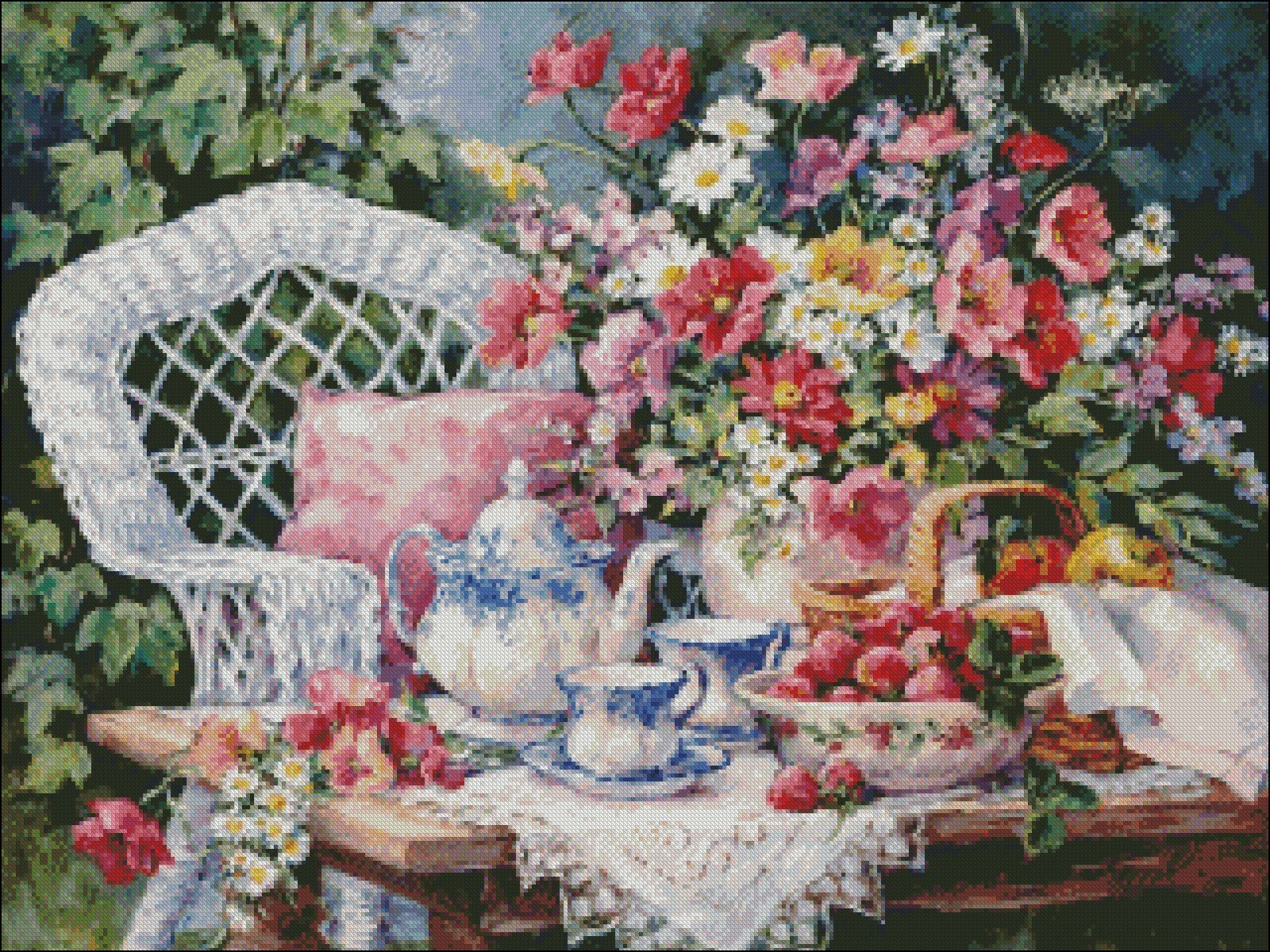 Tea and Strawberries - DIY Chart Counted Cross Stitch Patterns Needlework DMC
