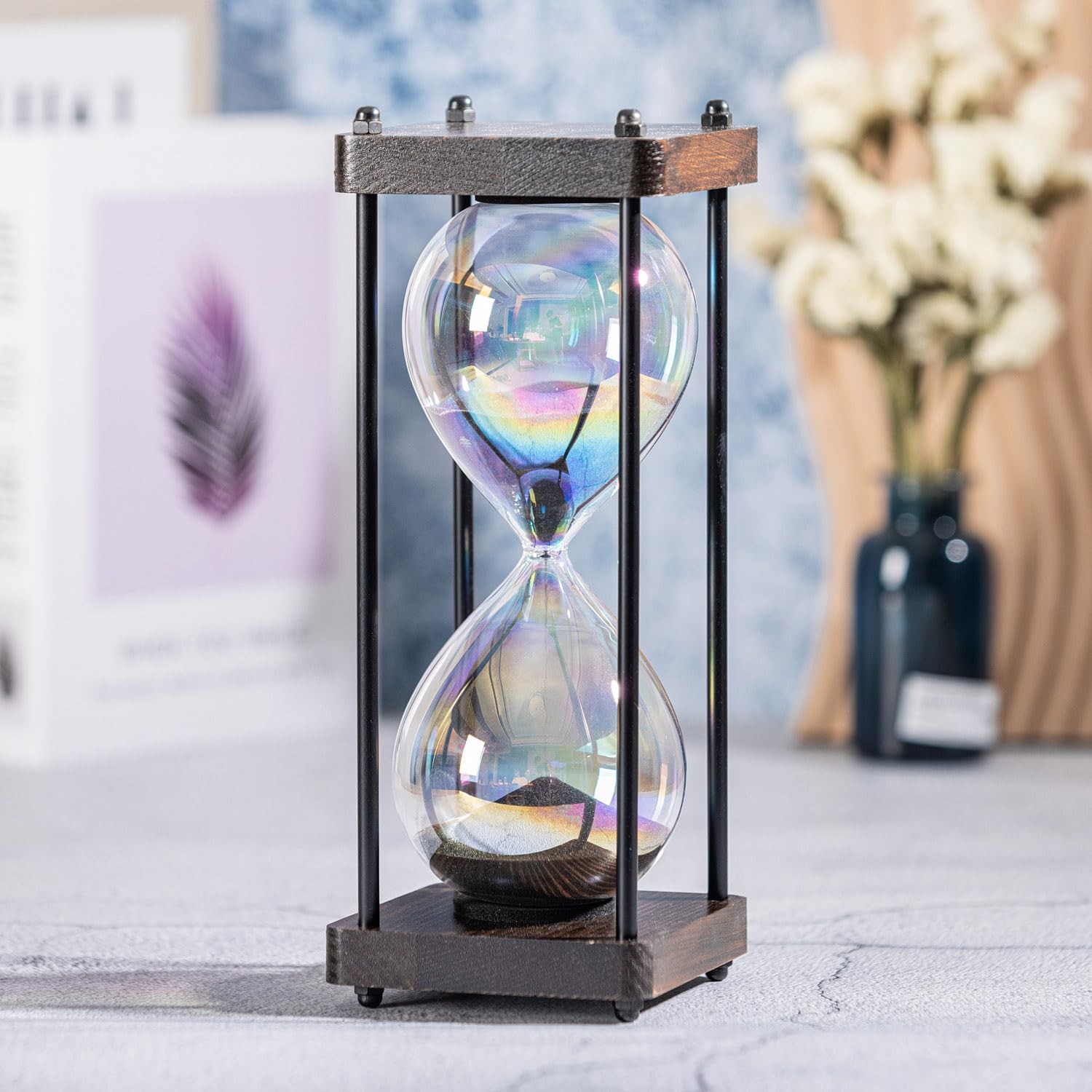 Rainbow Hourglass Timer 60 Minute, Wooden Sand Timer, Black | Large Size Deco...