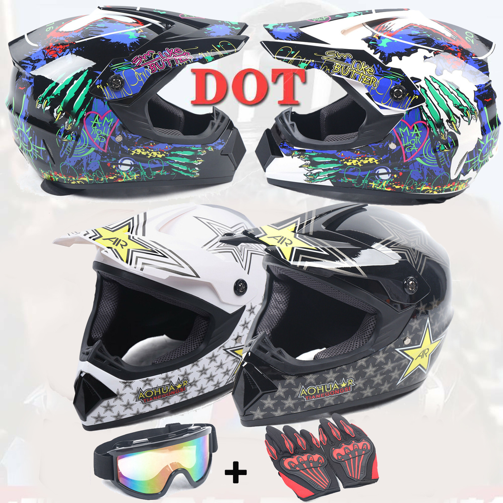 DOT Motorcycle Adult Helmet +Goggles +Gloves Motocross MX ATV Dirt Bike Off-Road