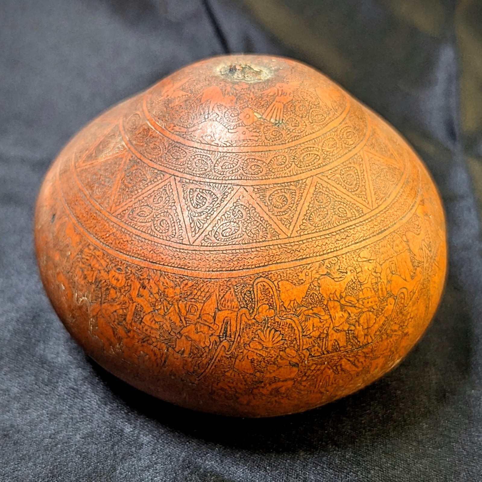 Vintage Peruvian Mate Burilado Hand Carved Gourd Intricate Village Life Art