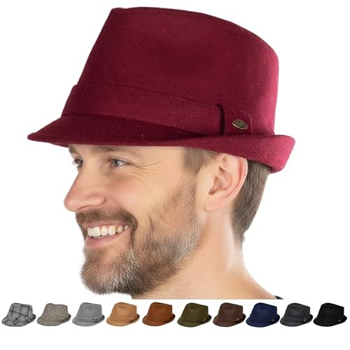 Fedora Hats for Men, Classic Wool Felt Short Brim Mens 7 1/4-7 5/8 Burgundy