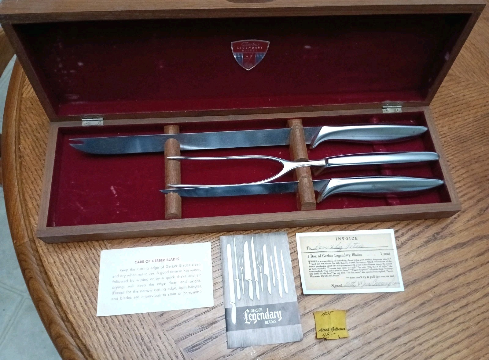 Vtg Gerber Legendary 3 Piece Carving Knife Set with Velvet lined Walnut Case