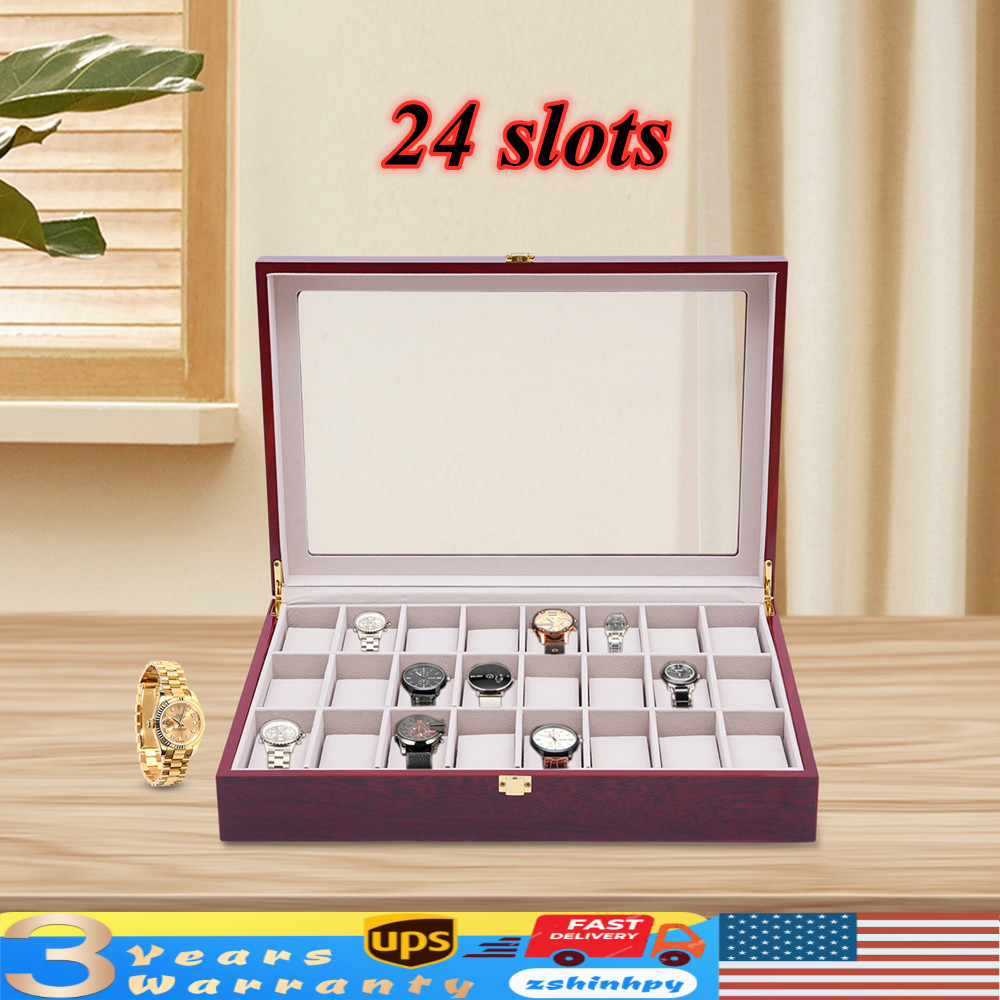 24 Slot Wooden Watch Box Display Case Glass Top Jewelry Storage Organizer + Lock