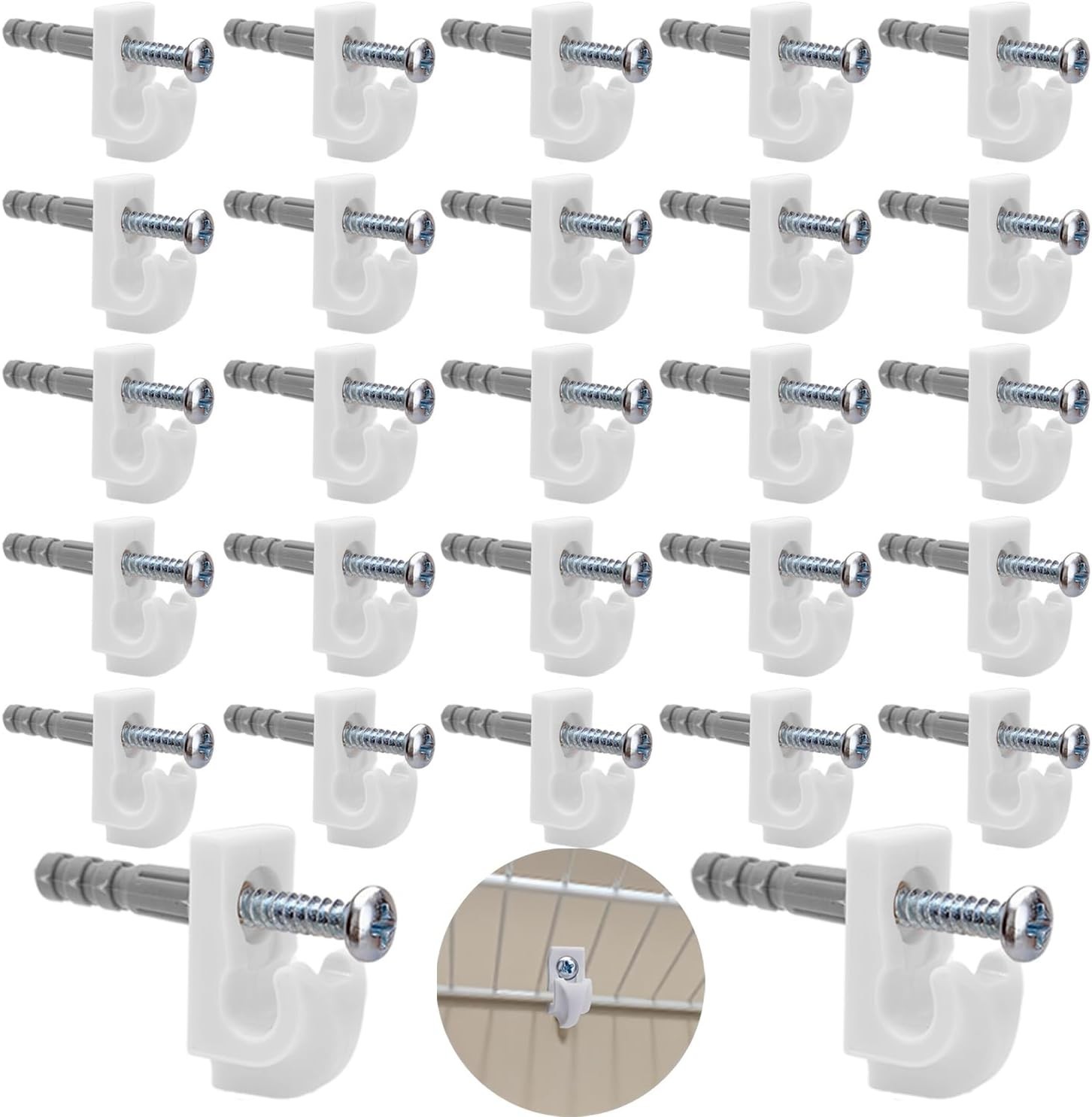 Wall Clips for Wire Shelves - 30 Sets, Plastic, White