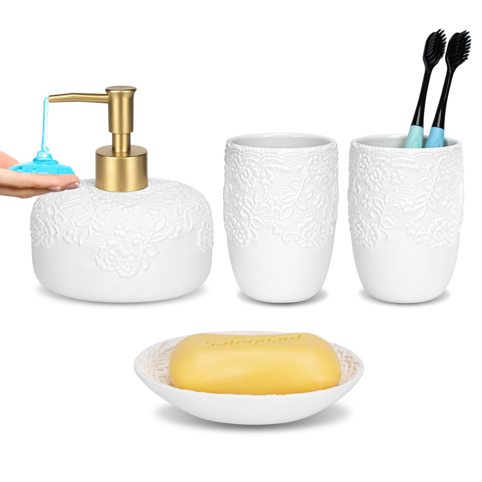 Bathroom Set, 4pcs Ceramic with Embossed Design Look Sets Bathroom Soap Dispe...