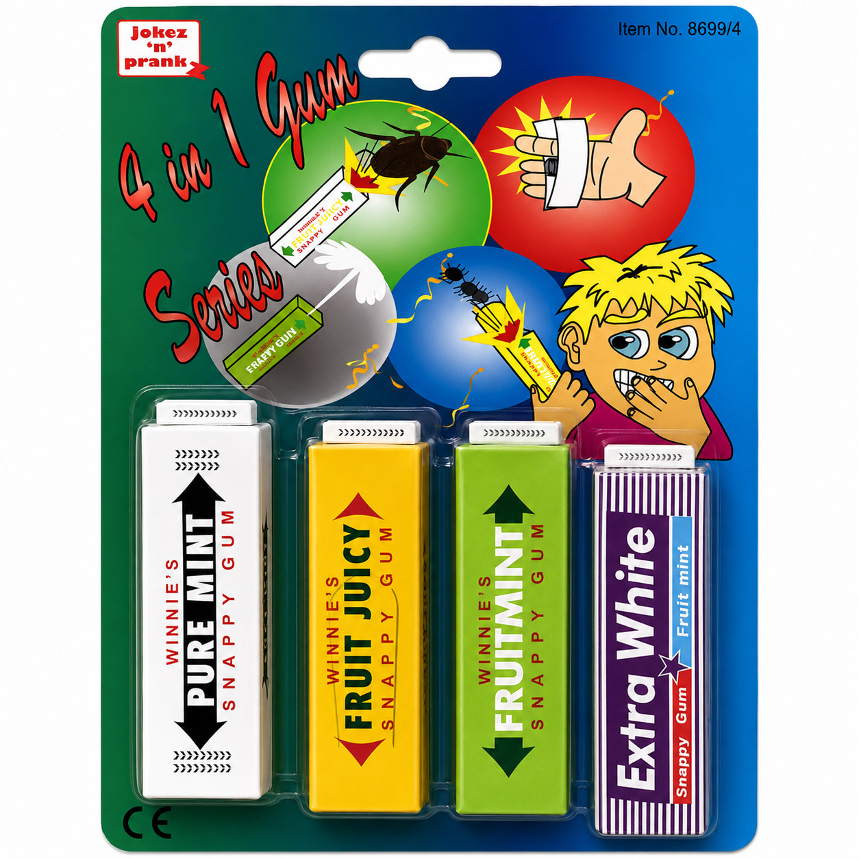Joke 4 in 1 Chewing Gum Trick Gag Prank Snappy Squirt Bug Stocking Filler Jokes
