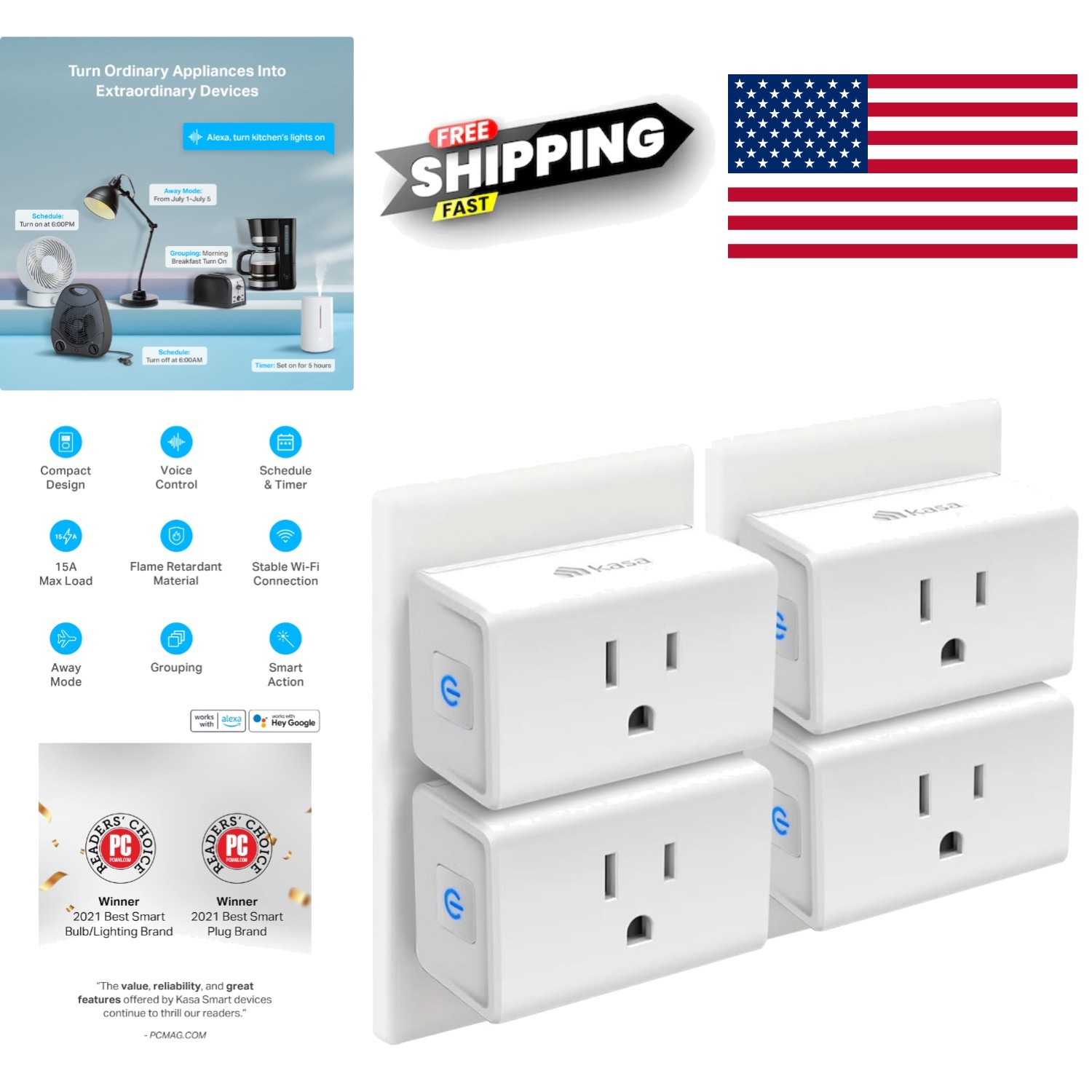 Mini Wi-Fi Smart Plug 4 Pack Voice Control Compatible with Smart Home Devices