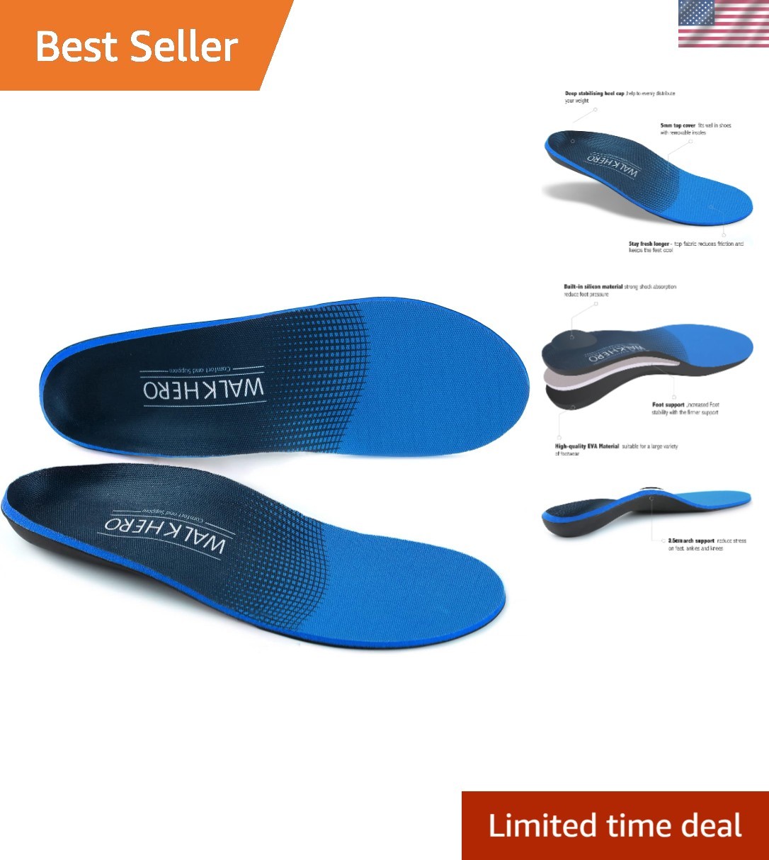 Plantar Fasciitis Relief Shoe Inserts for Men and Women, Blue, Foam, All-Day ...