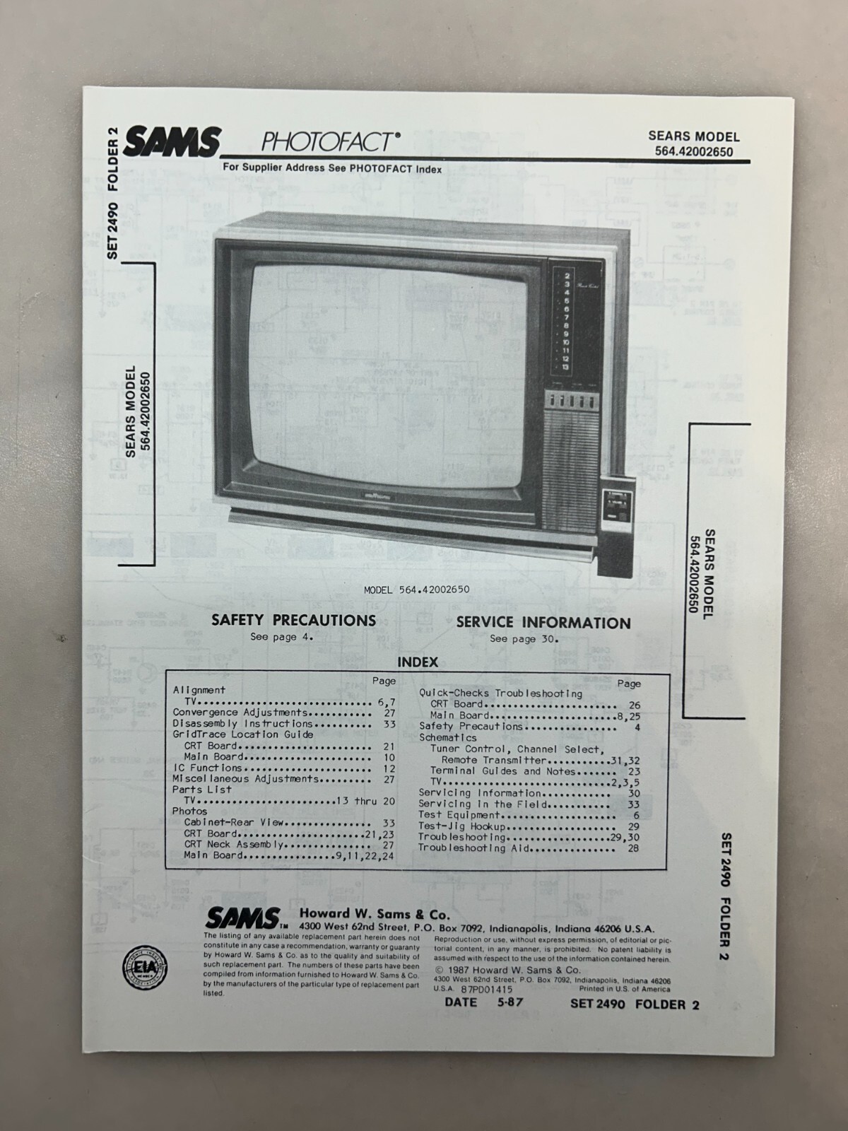 Sears 564.42002650 Service Manual Sams Photofact Free Shipping