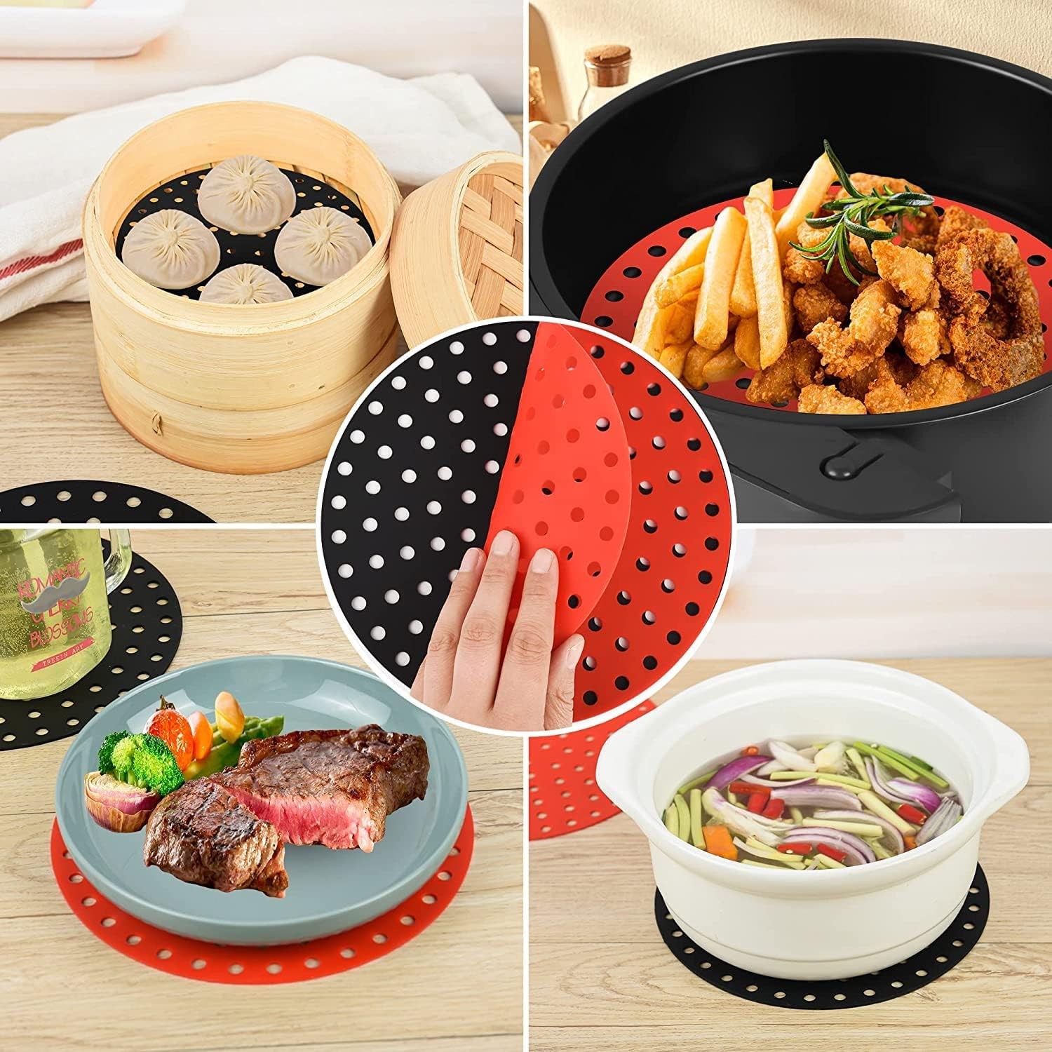 Reusable Air Fryer Silicone Liners 2-Packs, 8 Inch Round 8 inch, Black/Red