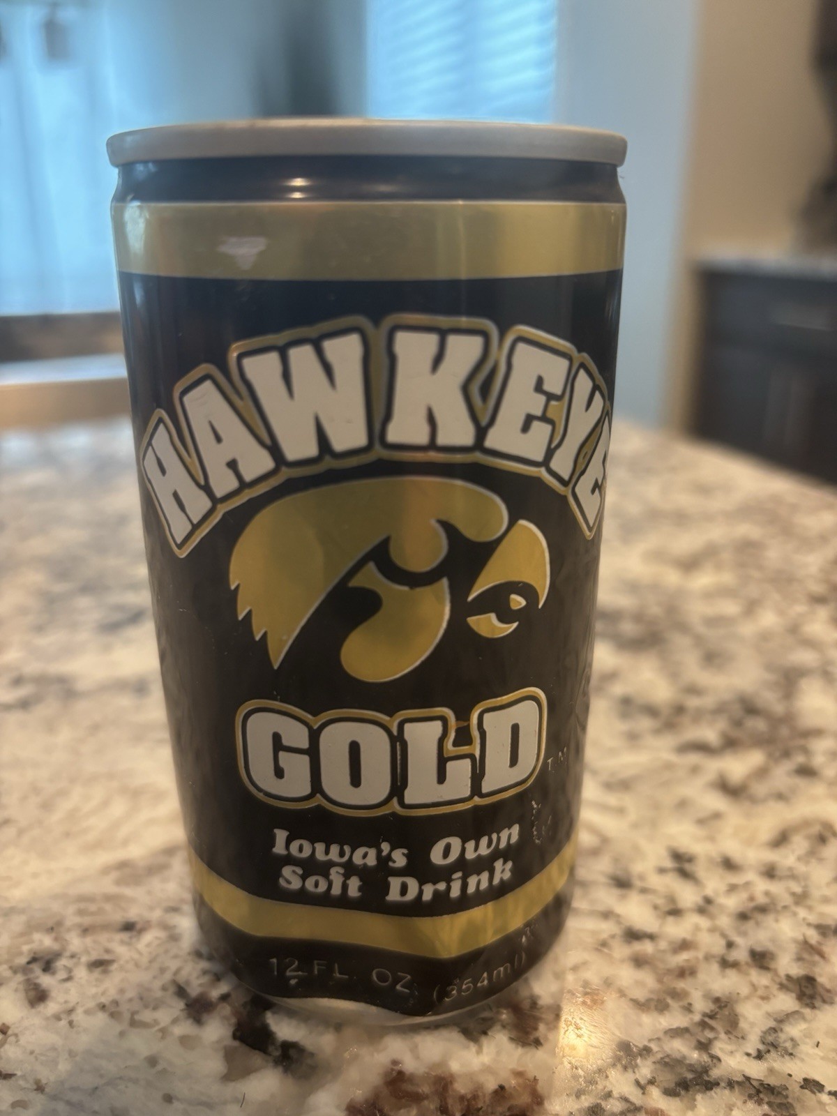 Vintage Iowa Hawkeye Gold soda can, 1980s