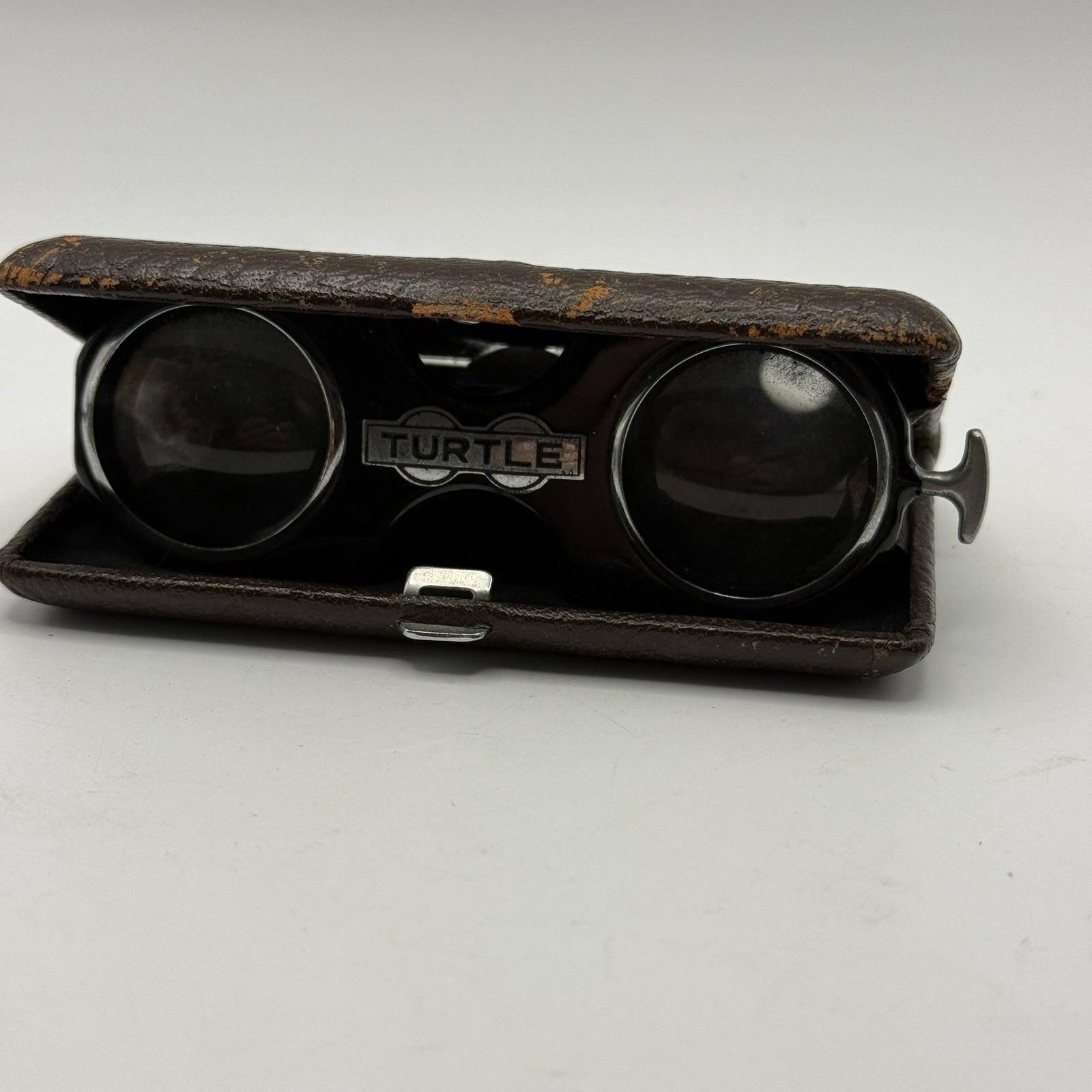 Vintage Turtle Folding Opera Glasses Japan Binoculars Brown Leather
