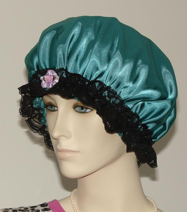Hair Bonnet Spruce Green Satin w/ Black Lace Trim or Night Sleep Cap - Adult Sze