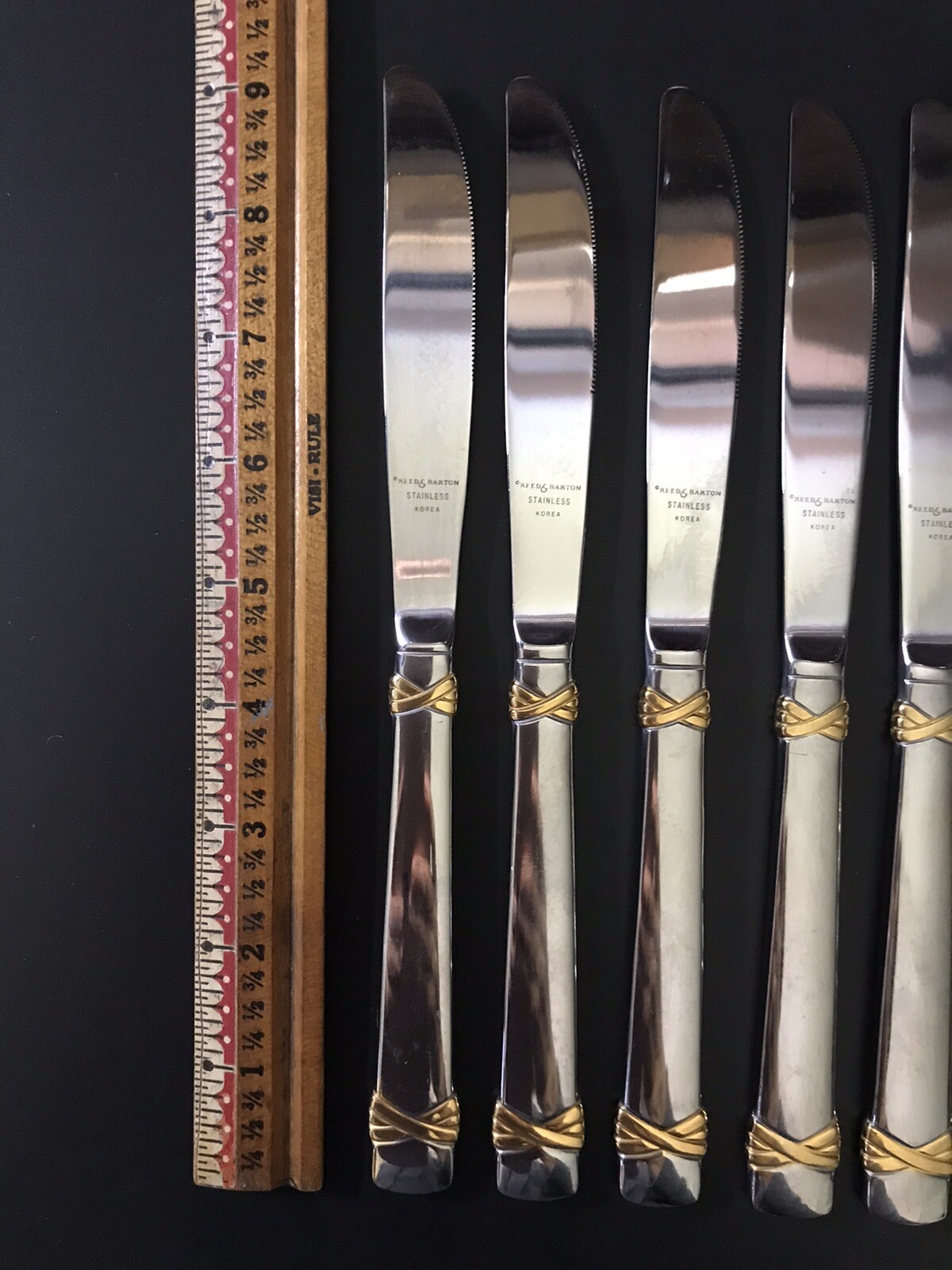 Set 8 Reed & Barton FANFARE Dinner Knives Gold Trim 18/8 Stainless Steel KOREA