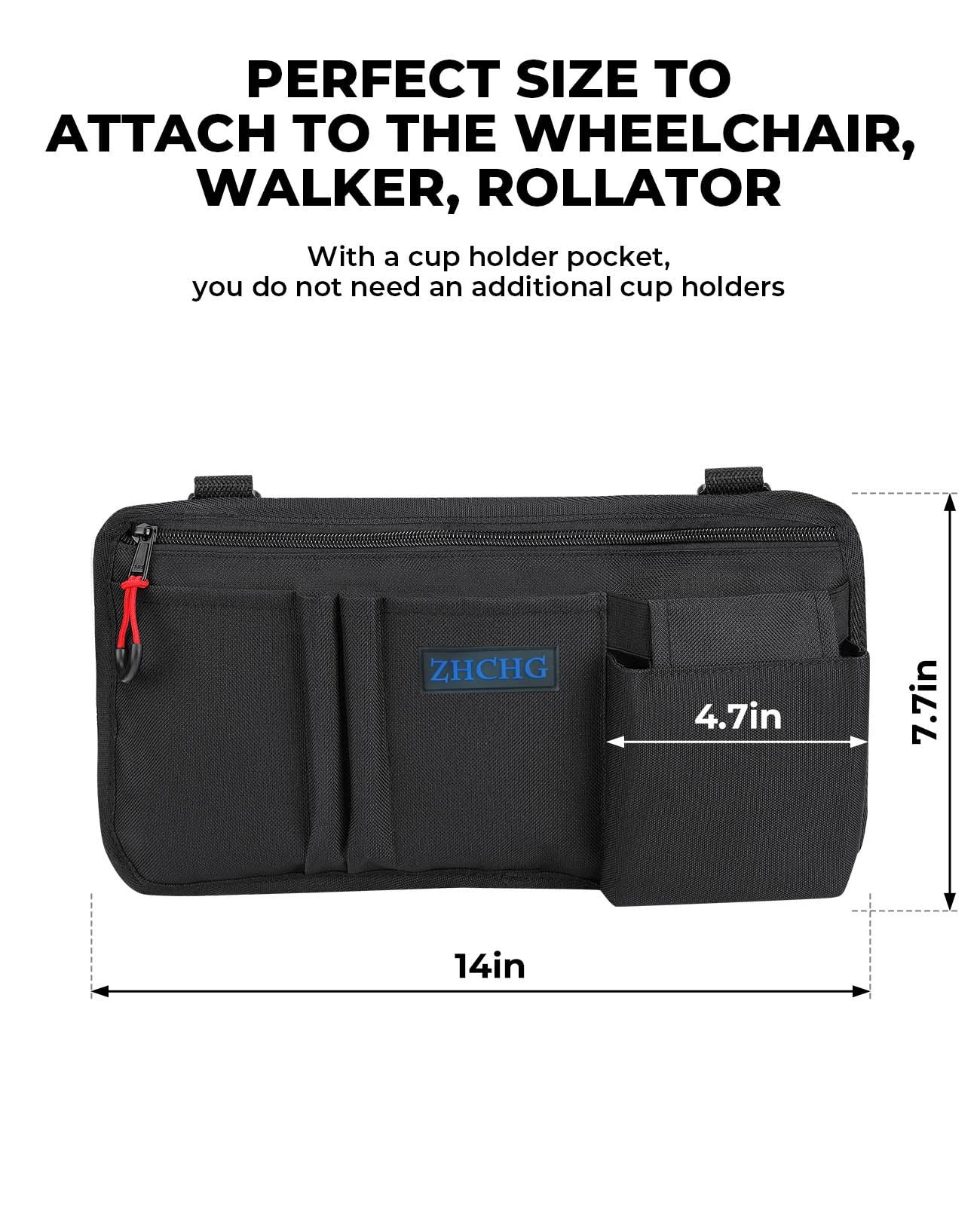 ZHCHG Wheelchair Side Bag with Cup Holder, Armrest Pouch Black