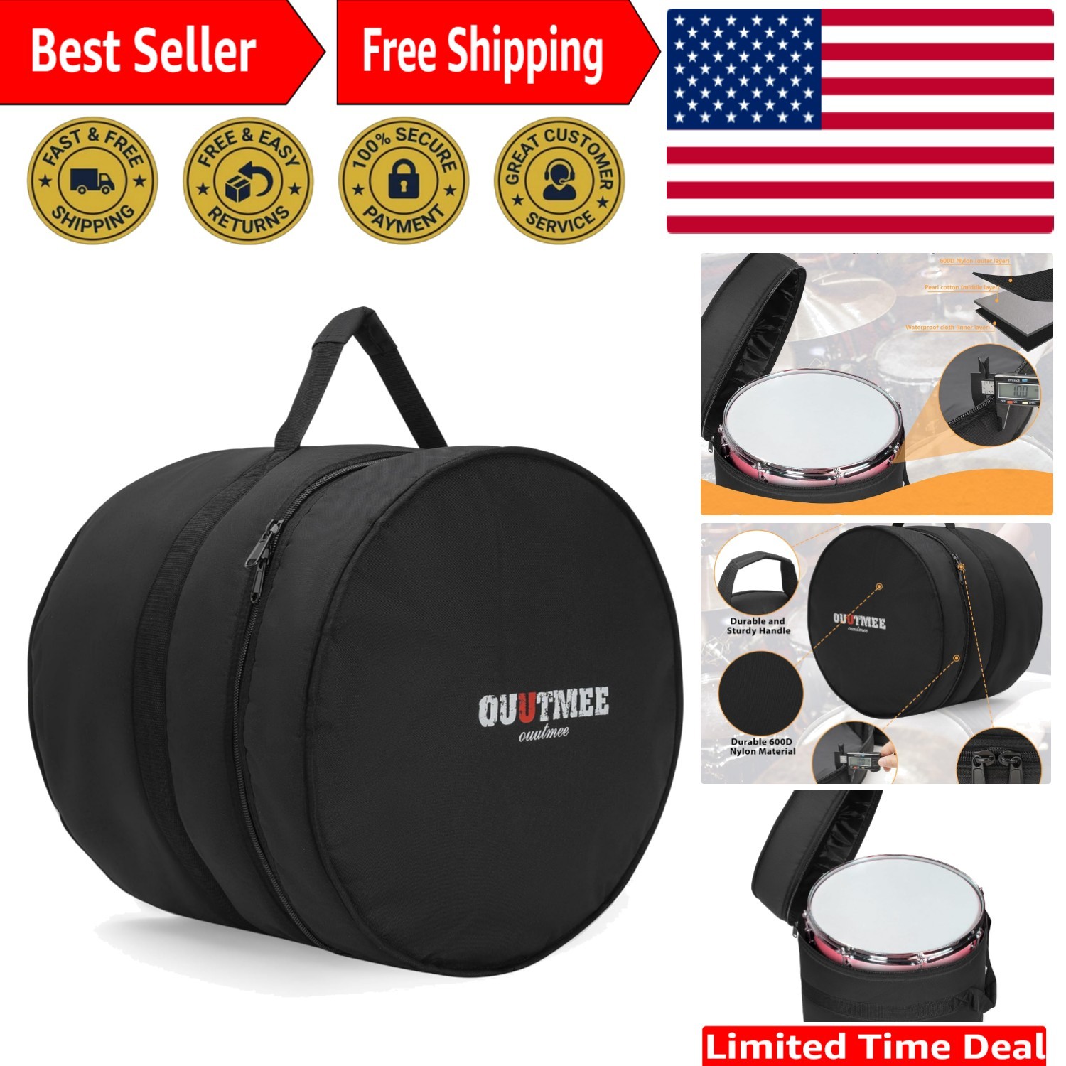 Water-Resistant Floor Tom Drum Case with Shoulder Strap - Ideal for Musicians