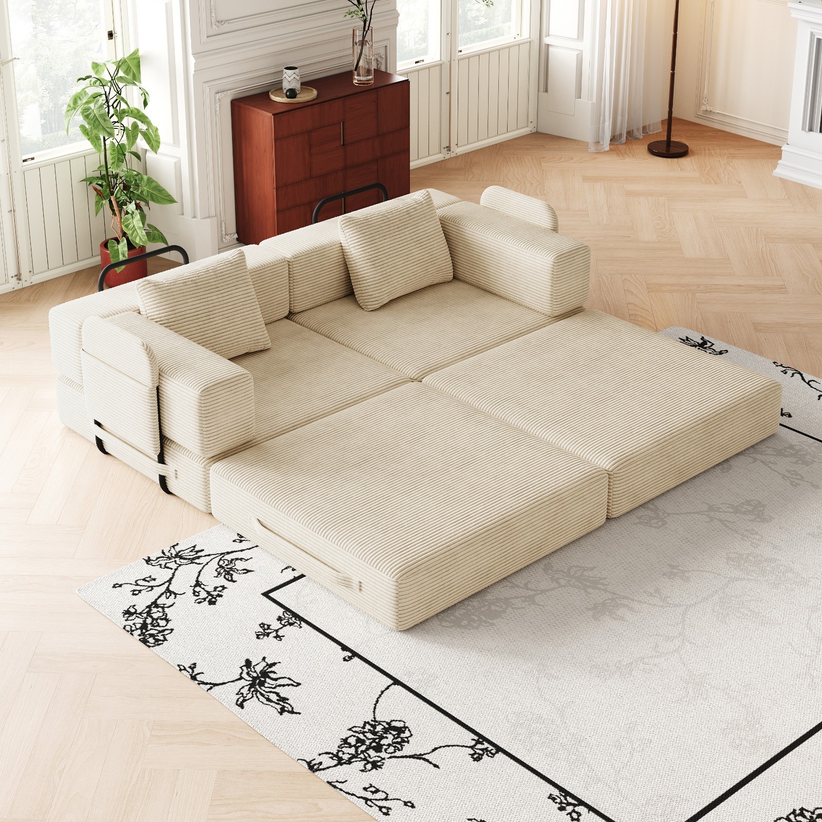 72in convertible sofa bed, corduroy fabric sofa comfortable folding sofa Beige