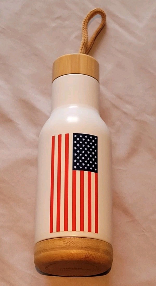 17 Oz. Bamboo Base Double Insulated Stainless Steel American Flag W/Handle