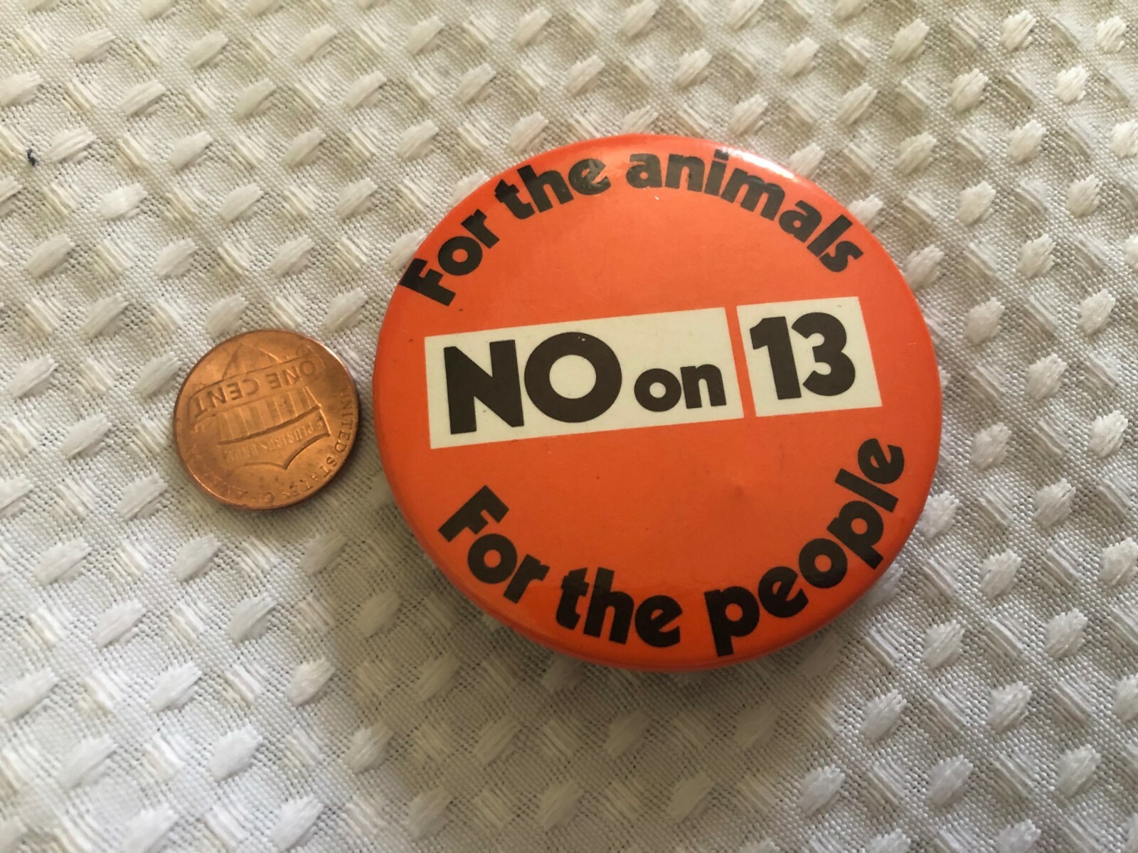 Vintage No on 13 For the Animals For the people Pin Button