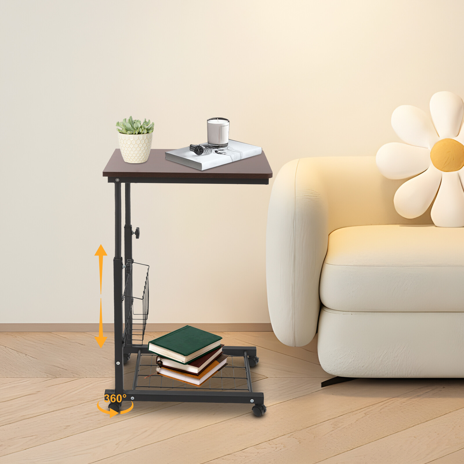 Adjustable Bed Side Table, Side Table with Wheels, Mobile Standalone TableUS
