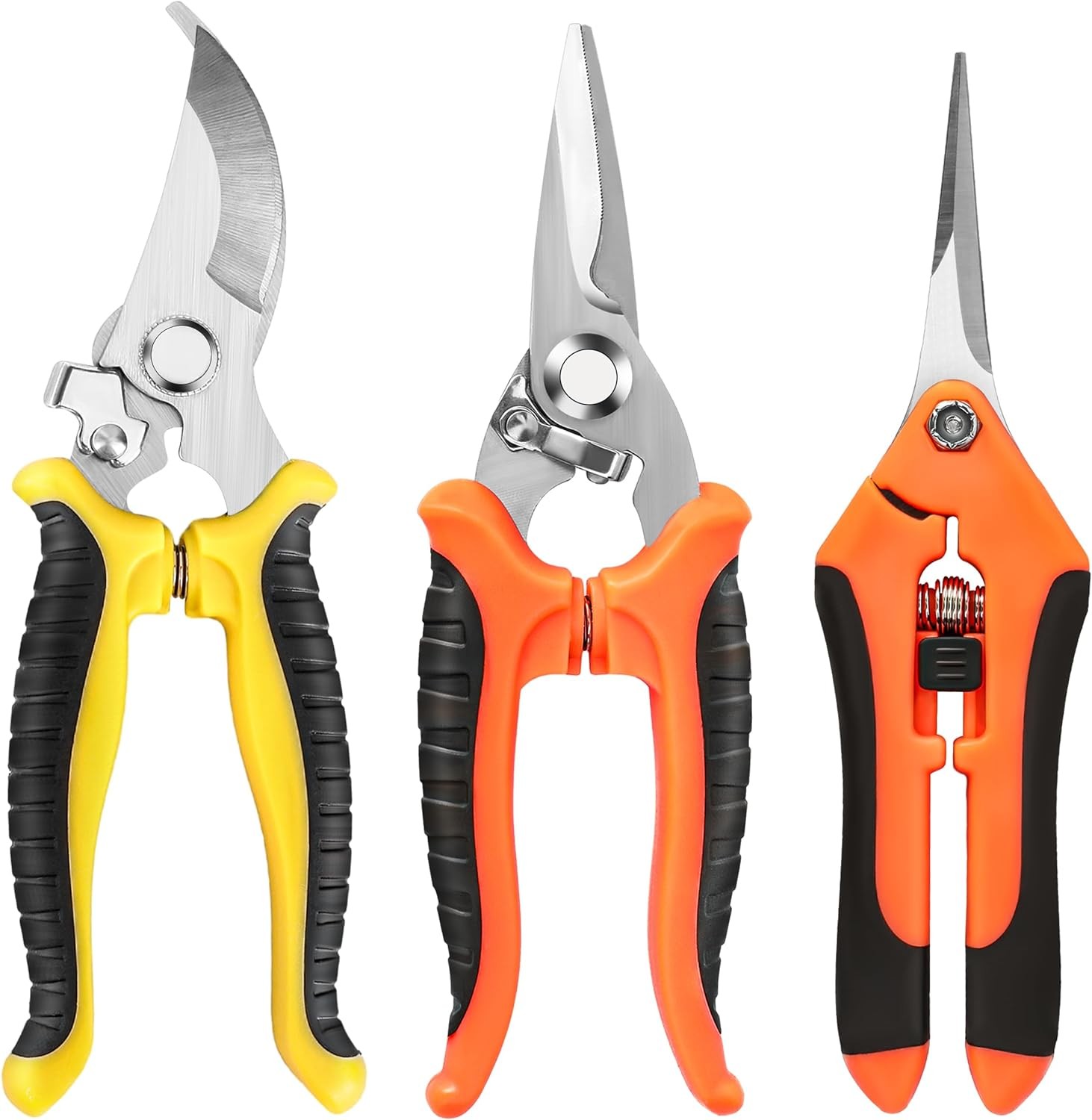3-Pack Stainless Steel Pruning Shears, Snips Yellow, Orange, Black