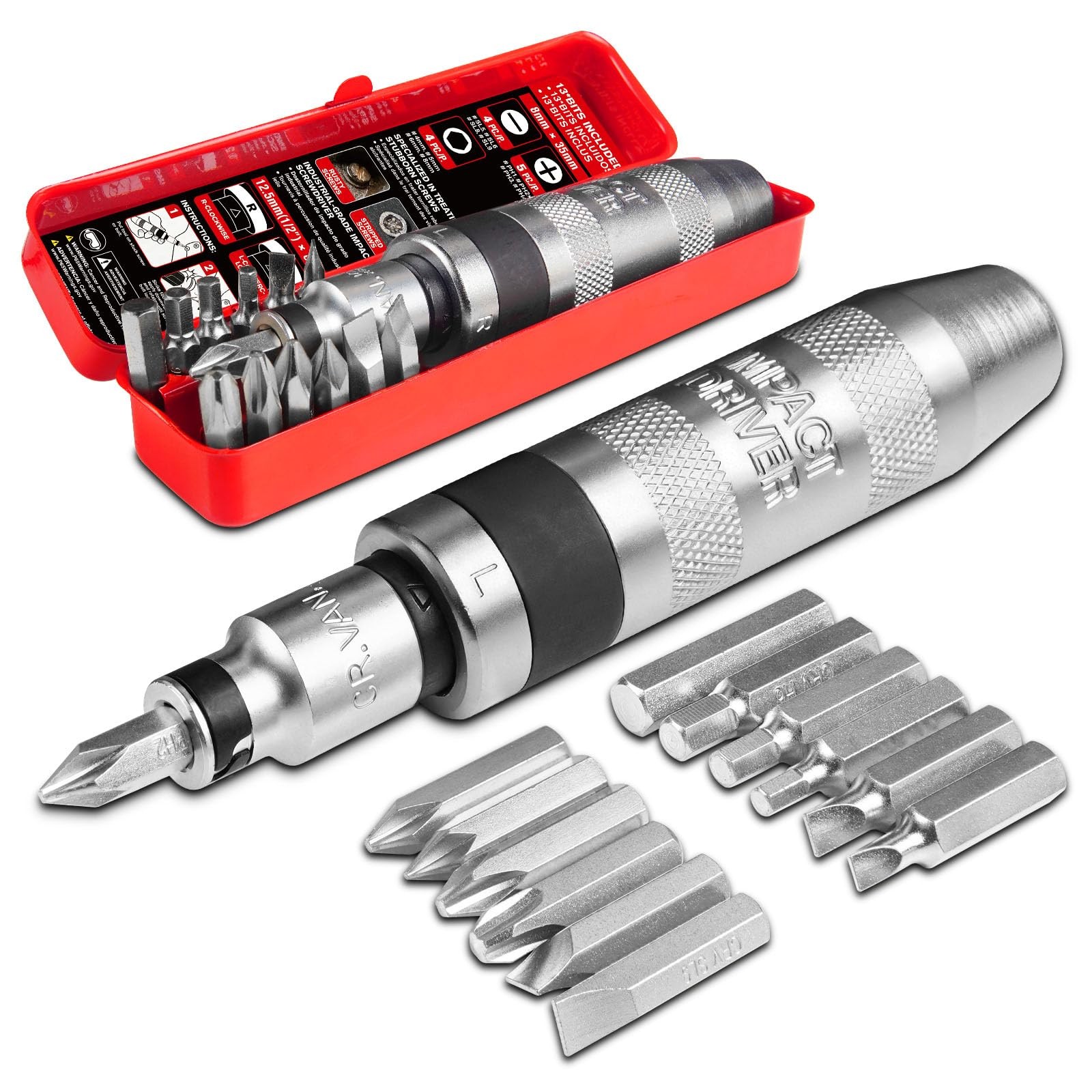 ZHAX 1/2" Hand Impact Driver 15 Pcs Reversible Screwdriver CR-V Set Case Bolt