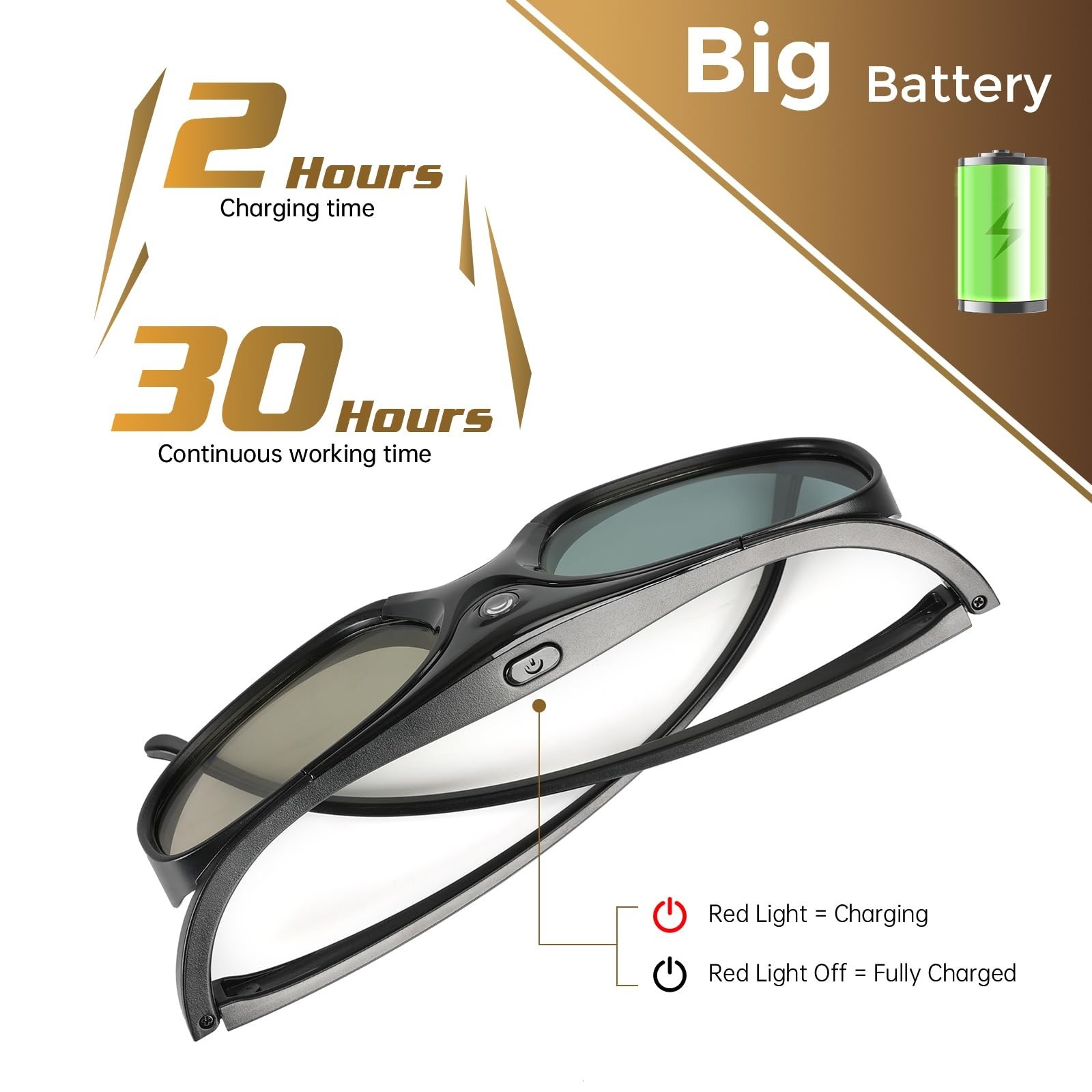 3D DLP Glasses, 144Hz Active Shutter, Rechargeable, 30H Use, 2 Pack - Projector