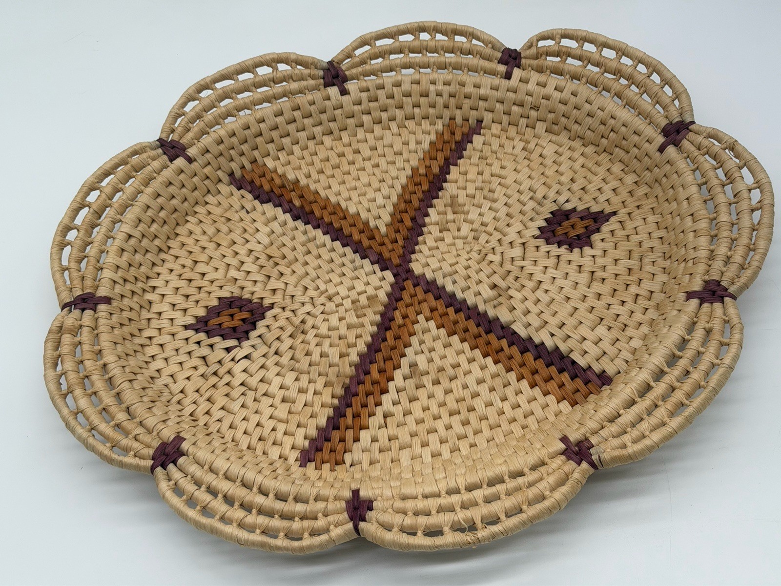 Vintage Woven Coiled Grass Oval Basket Tray Natural Brown Rattan Tribal Boho