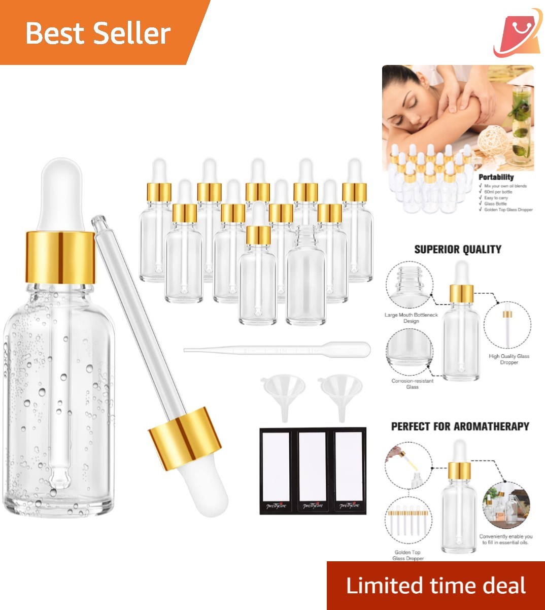 Glass Dropper Bottles 2oz 60ml Bulk Leakproof Golden Caps Labels Funnels for ...