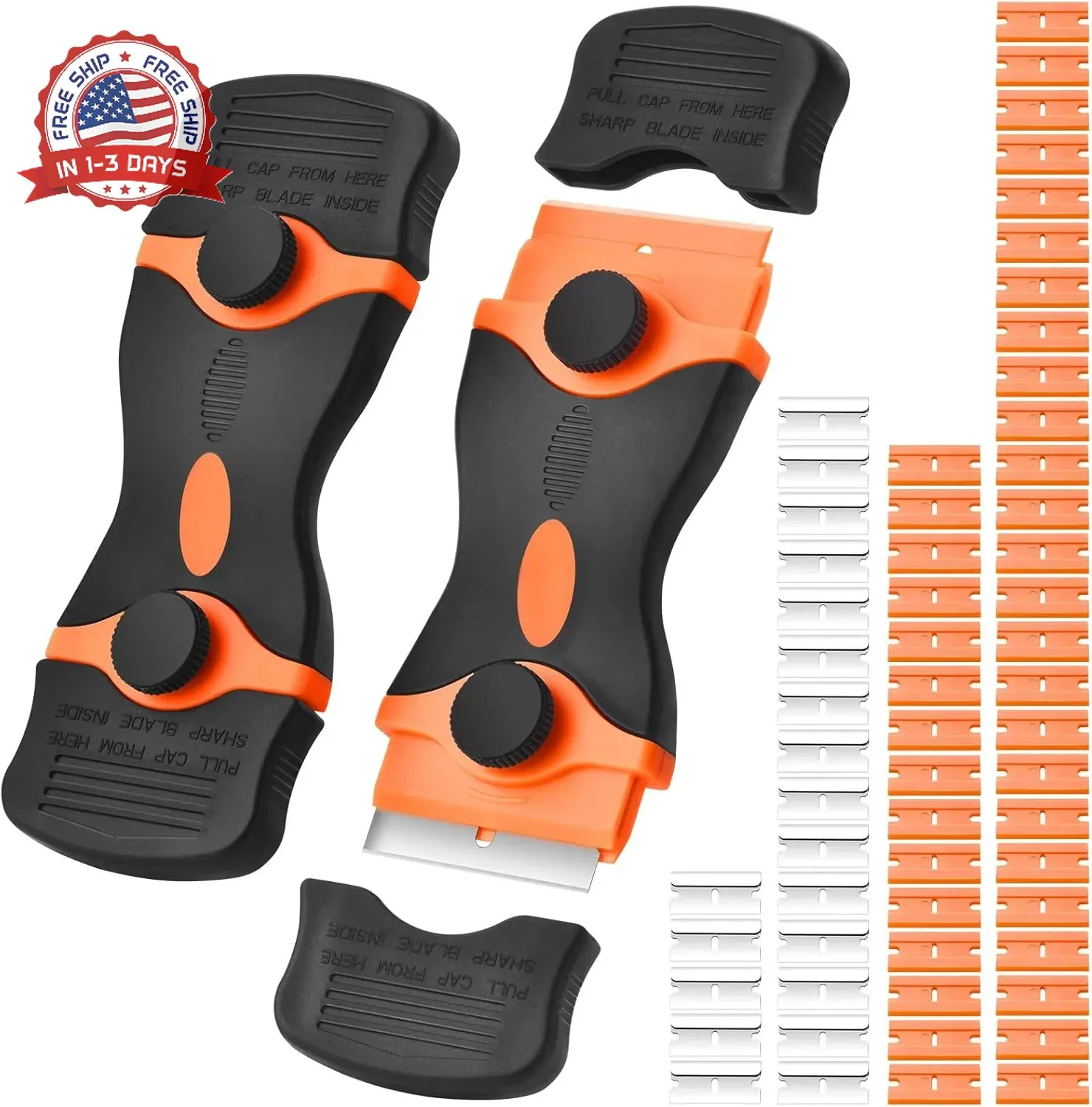 2 Pack Razor Blade Scraper Tool, 2-in-1 Razor Scraper With 60 Pcs Razor Blades 2