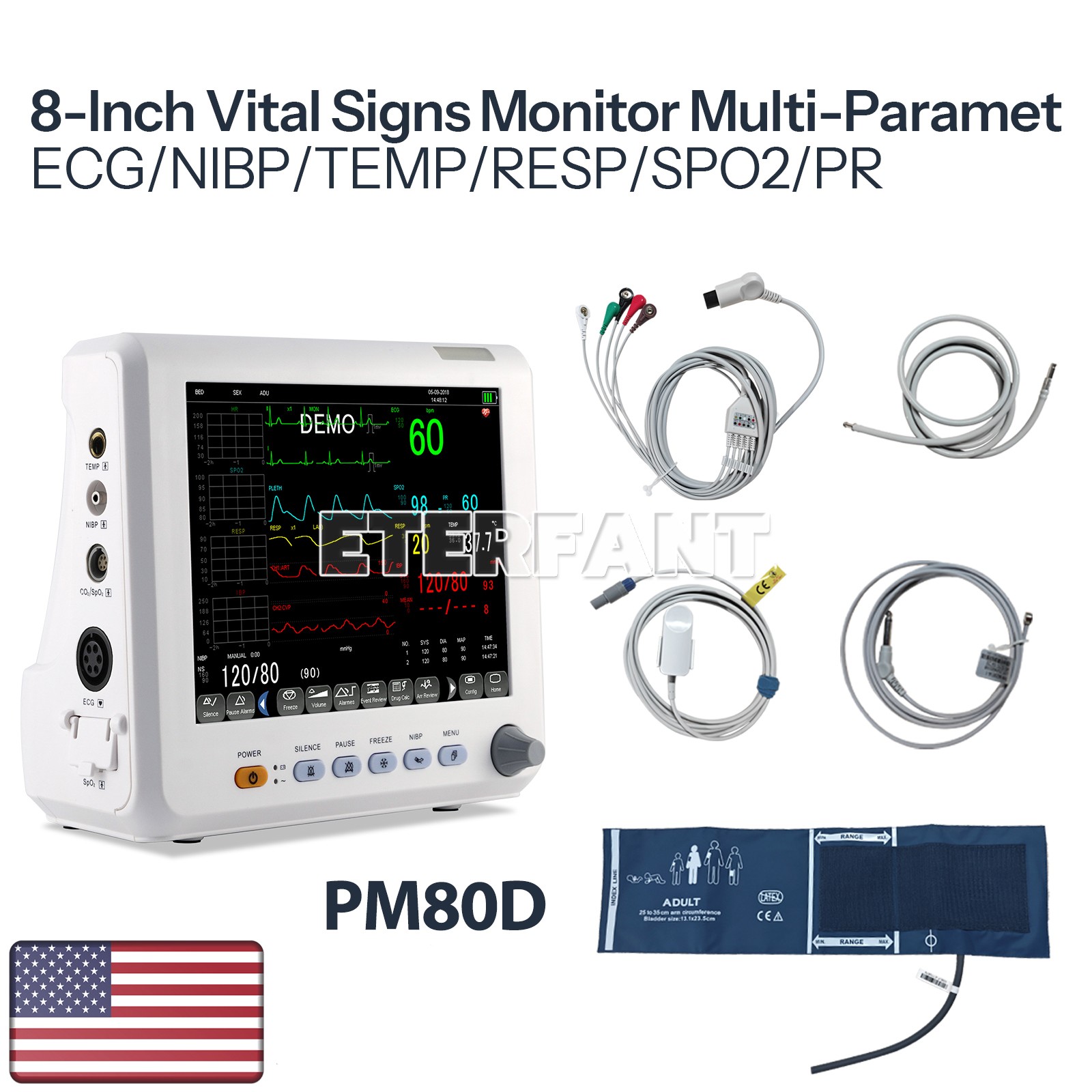 8'' Patient Monitor ICU CCU Vital Sign for Hospital ECG NIBP RESP TEMP SPO2 PR